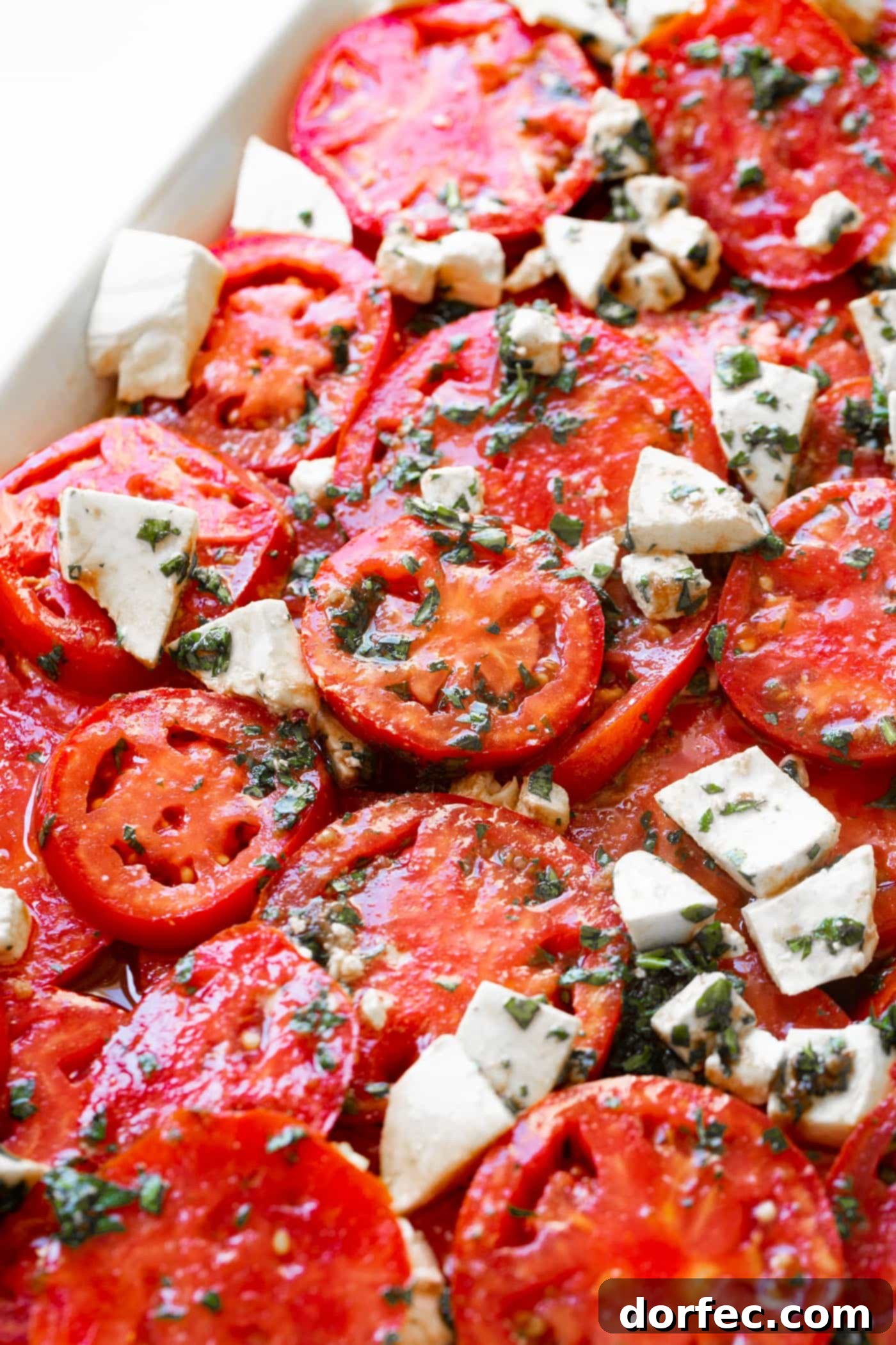 A photo of a marinated tomatoes salad with fresh herbs and 3 cheeses.