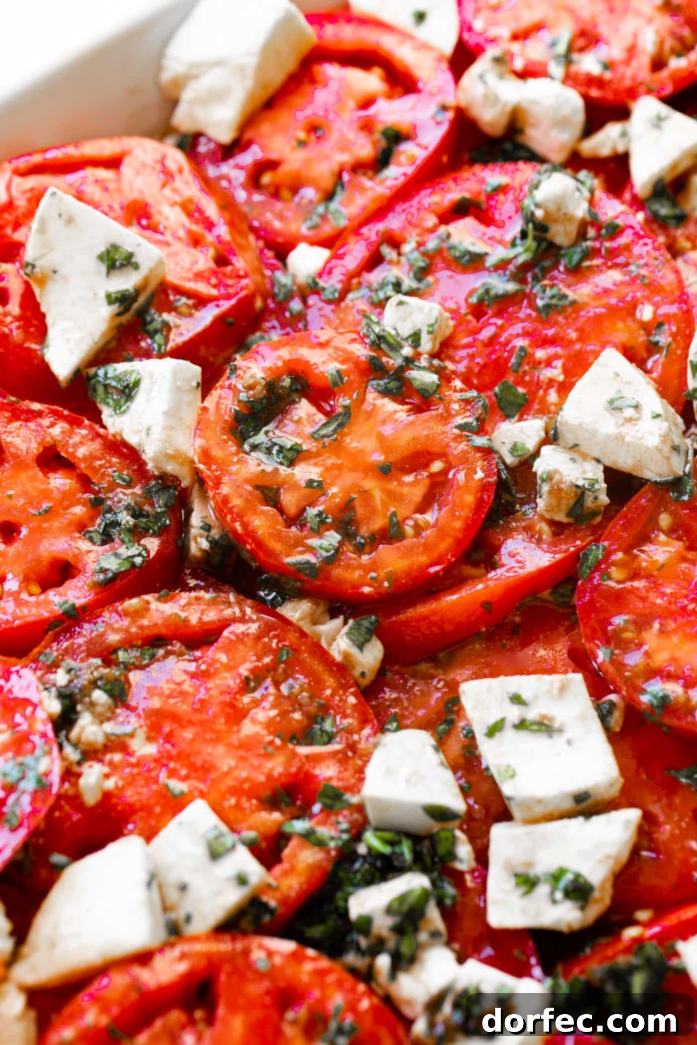 A photo of a marinated tomatoes salad with fresh herbs and 3 cheeses.