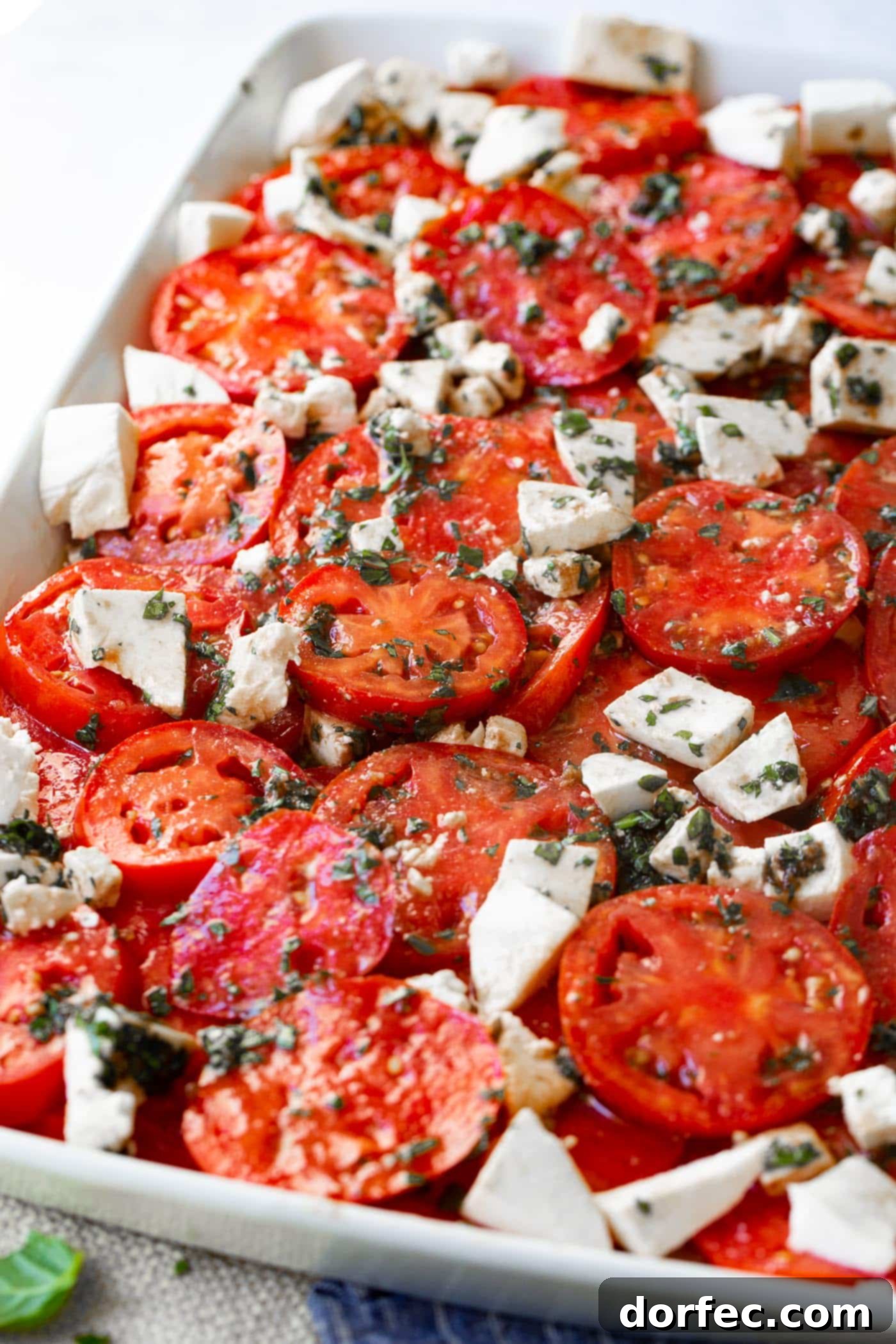 A photo of a marinated tomatoes salad with fresh herbs and 3 cheeses.