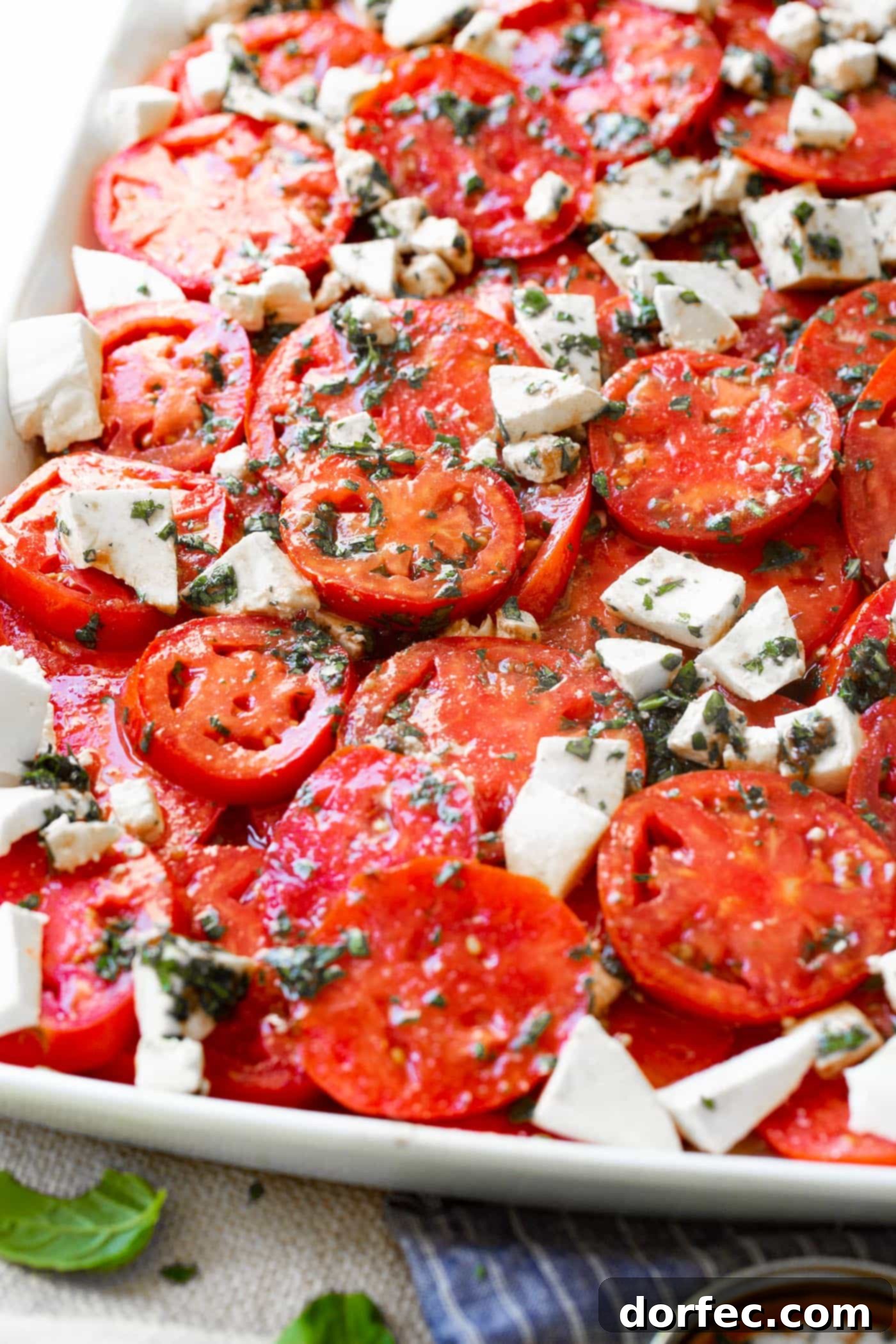 A photo of a marinated tomatoes salad with fresh herbs and 3 cheeses.