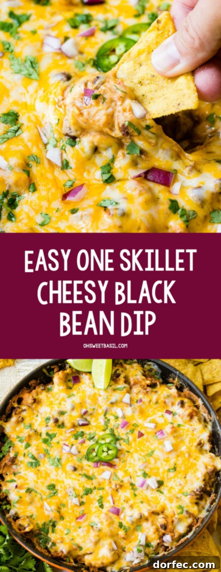 Pratik Tek Tavada Peynirli Siyah Fasulye Dip 2 A photo of someone scooping black bean dip out of a skillet with a tortilla chip.