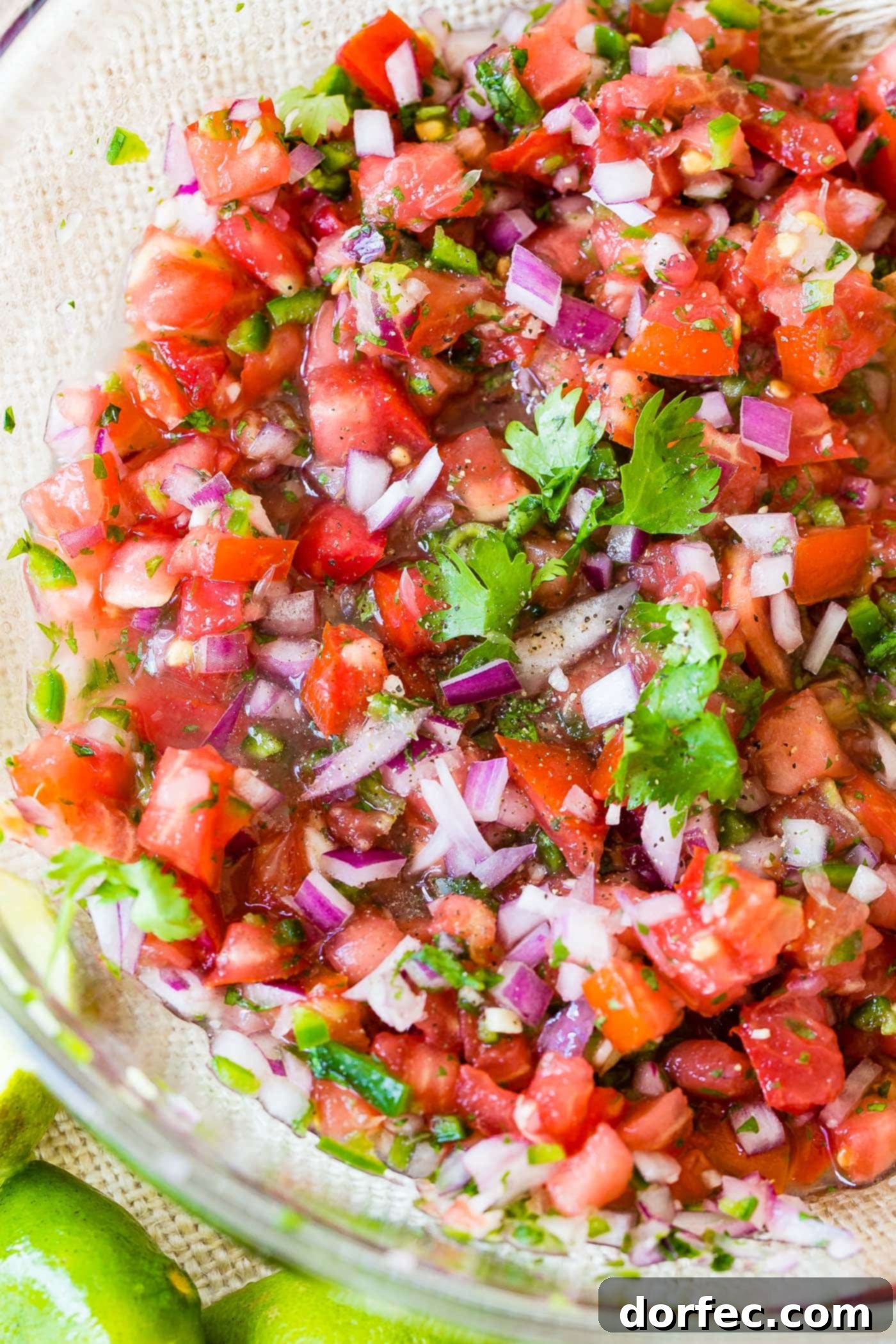 A beautifully arranged bowl of fresh Pico de Gallo, featuring diced ripe tomatoes, crisp red onions, vibrant cilantro, and finely chopped jalapenos, ready to be served.
