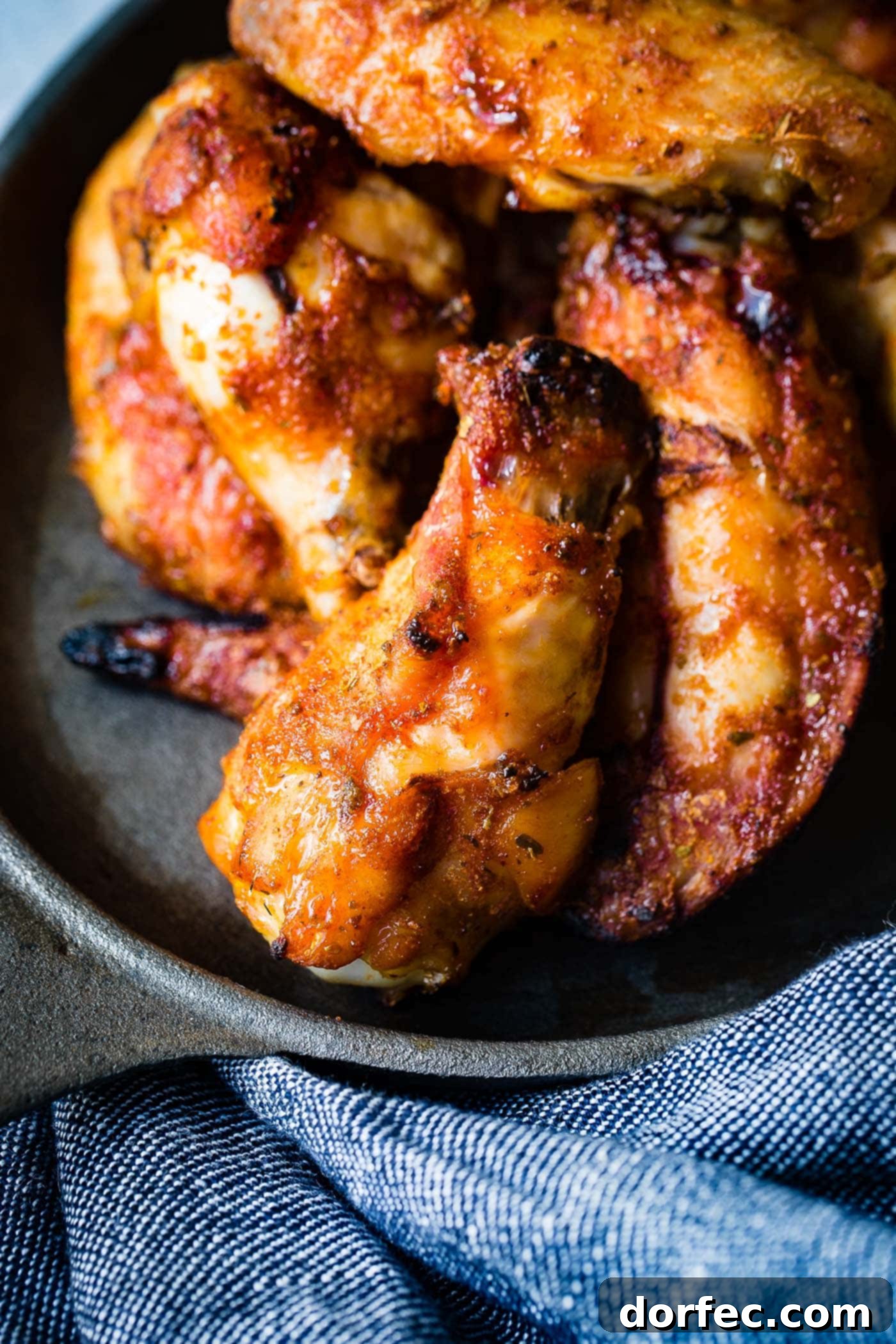 Crispy Smoked Chicken Wings Perfection 3 A vibrant close-up of a plate piled high with dry-rubbed smoked poultry, highlighting the rich textures and flavors.