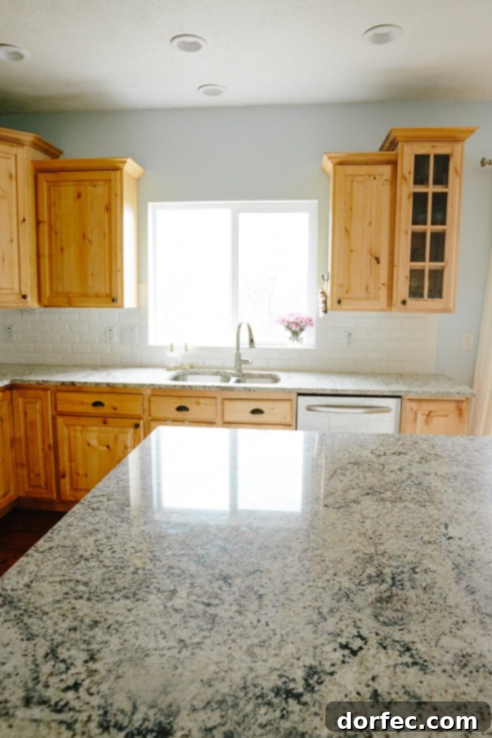 Kitchen interior before the all-white remodel, showing the dated cabinetry and wall color