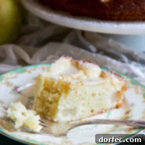 A slice of pear cake on a plate