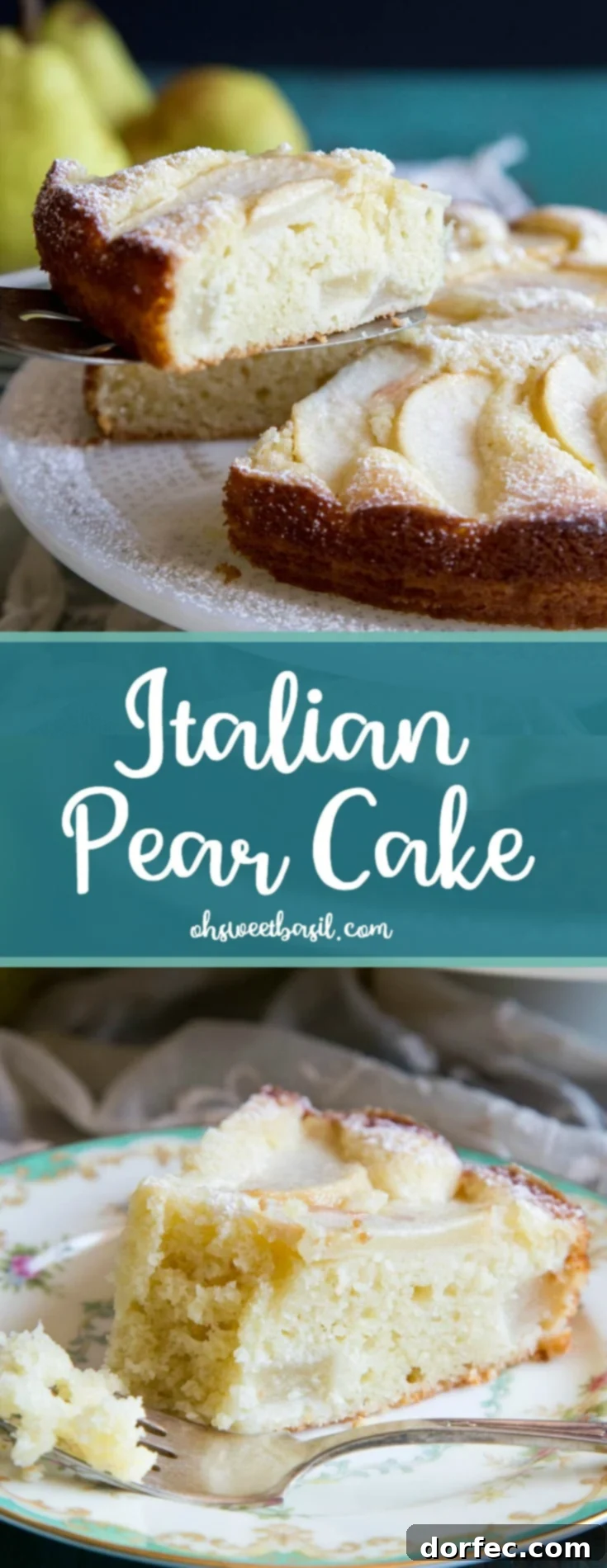 A beautiful slice of Italian Pear Cake, with mascarpone cheese and fresh pears visible within the moist crumb, dusted with powdered sugar