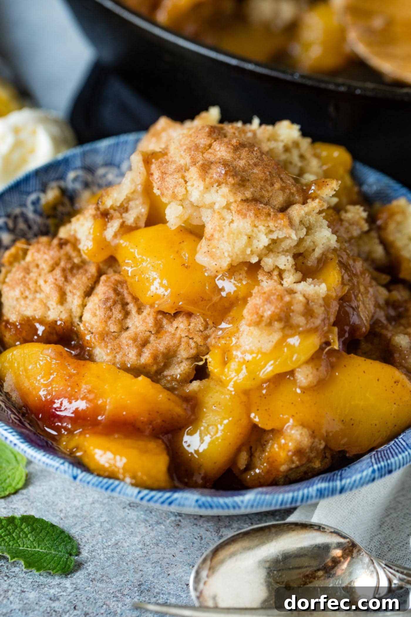 A photo of a bowl of peach cobbler with a biscuit topping, showcasing its golden-brown crust and juicy fruit underneath.