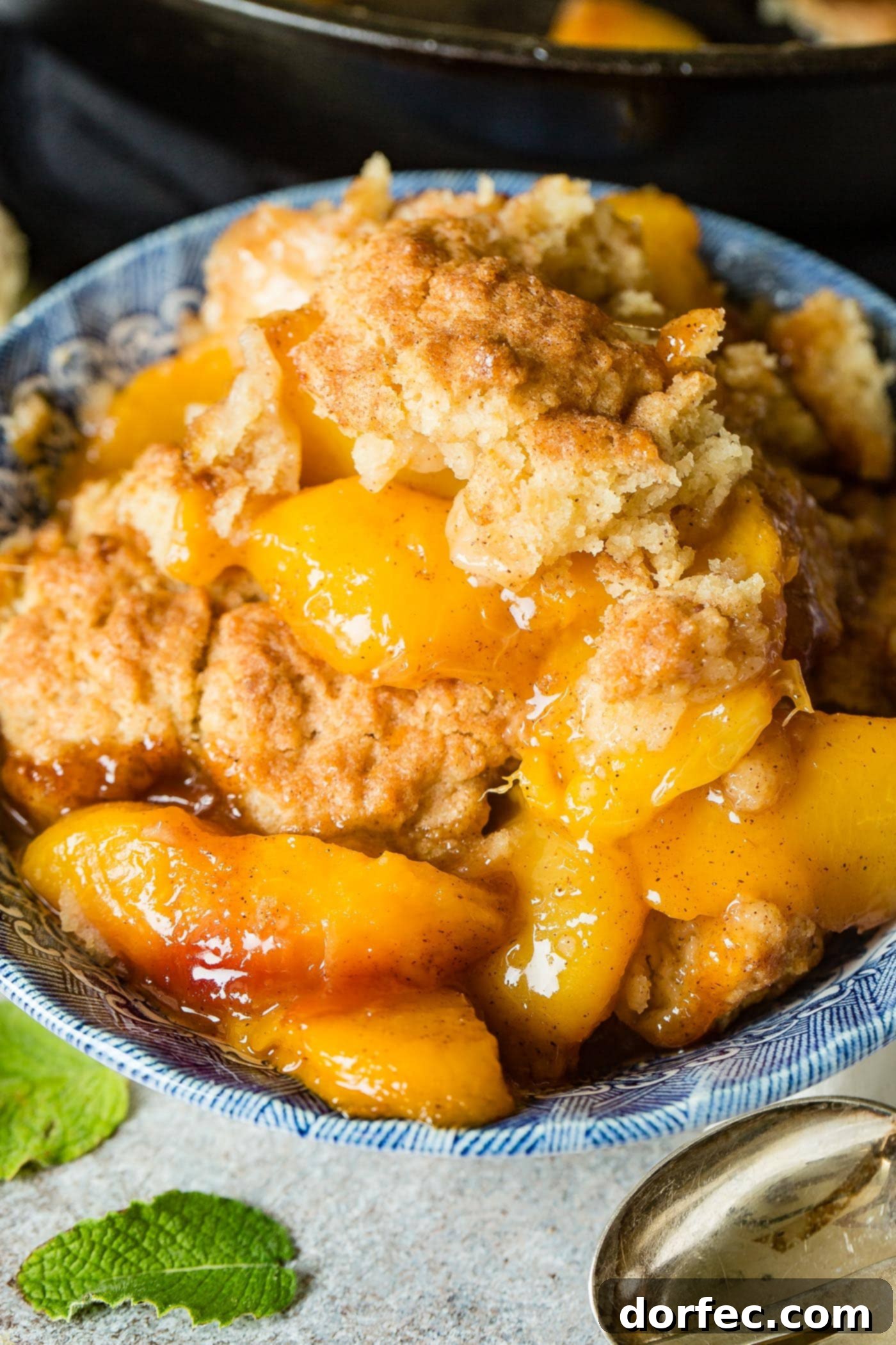 A photo of a bowl of peach cobbler with a biscuit topping, showcasing the perfectly baked and golden-brown crust.