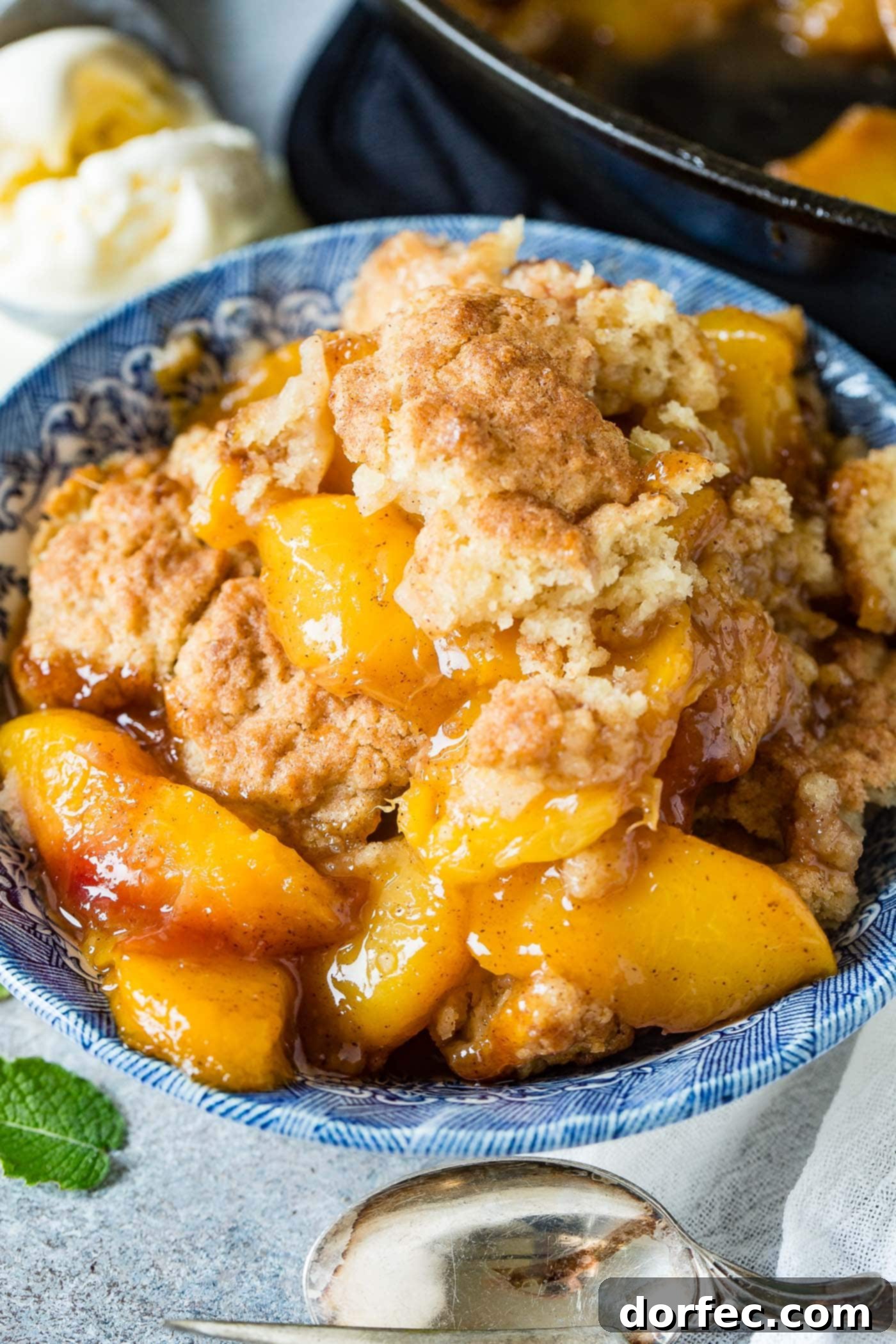 A photo of a bowl of peach cobbler with a biscuit topping, perfectly browned and inviting.