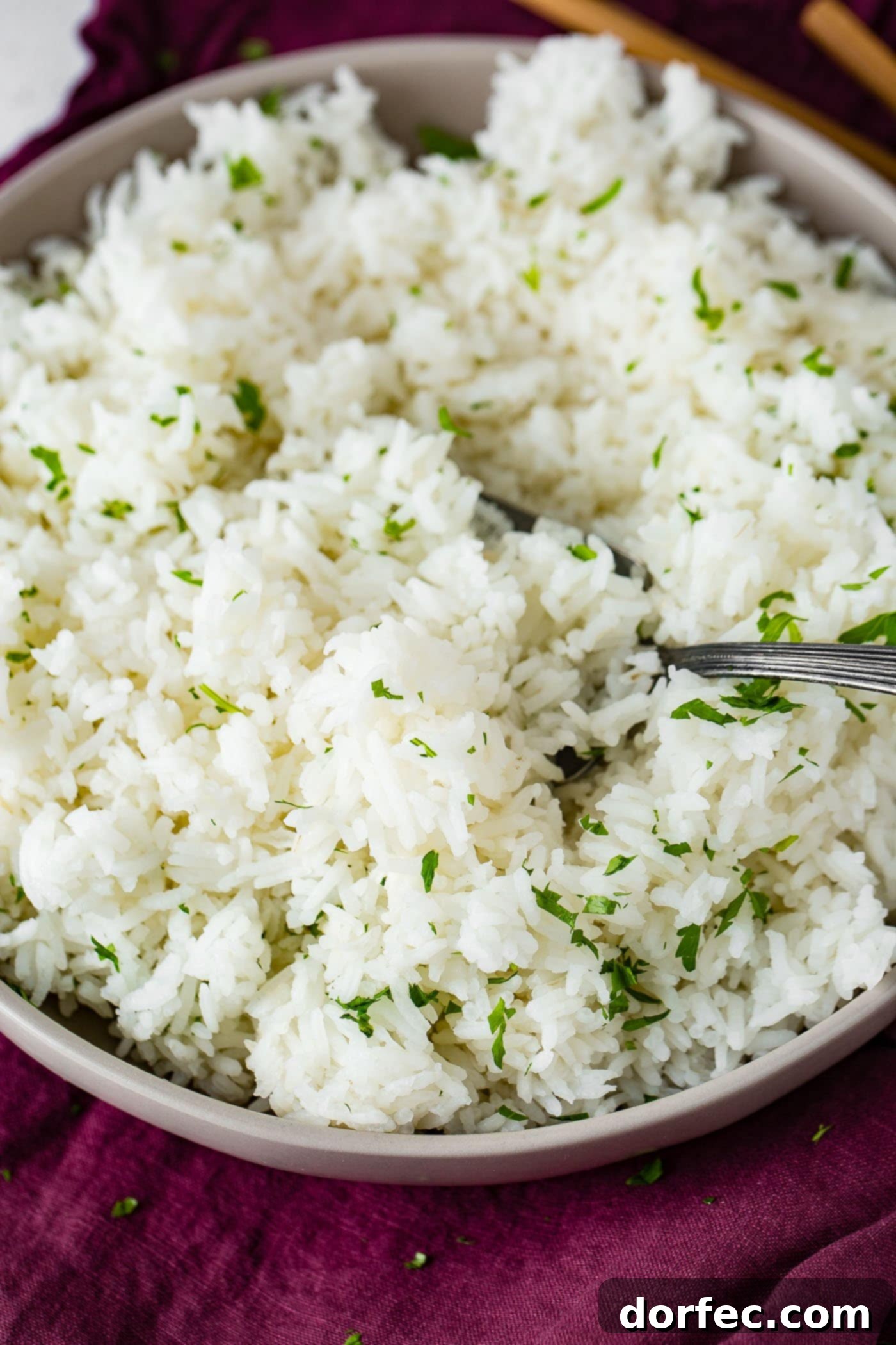 Fluffy White Rice Made Simple 2 a dish of long grain white rice, perfectly cooked and fluffy