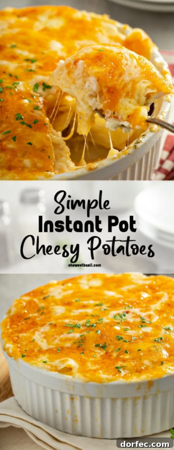 A casserole dish filled with cheesy potatoes. The cheese is melted to perfection and there are strings of cheesy hanging from the serving spoon.