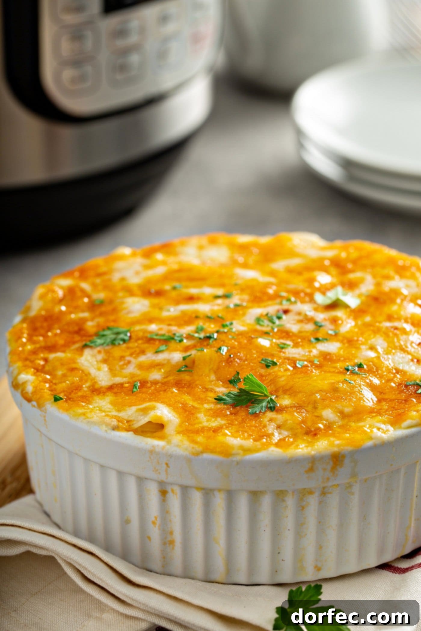 A casserole dish with cheesy potatoes topped with melted cheese and parsley leaves. There is a stack of dinner plates in the background and an instant pot.