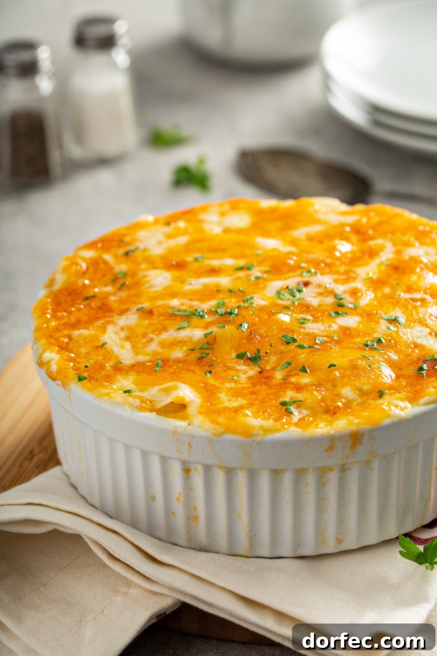 A casserole dish full of cheesy potatoes. The cheese is melted and toasted.