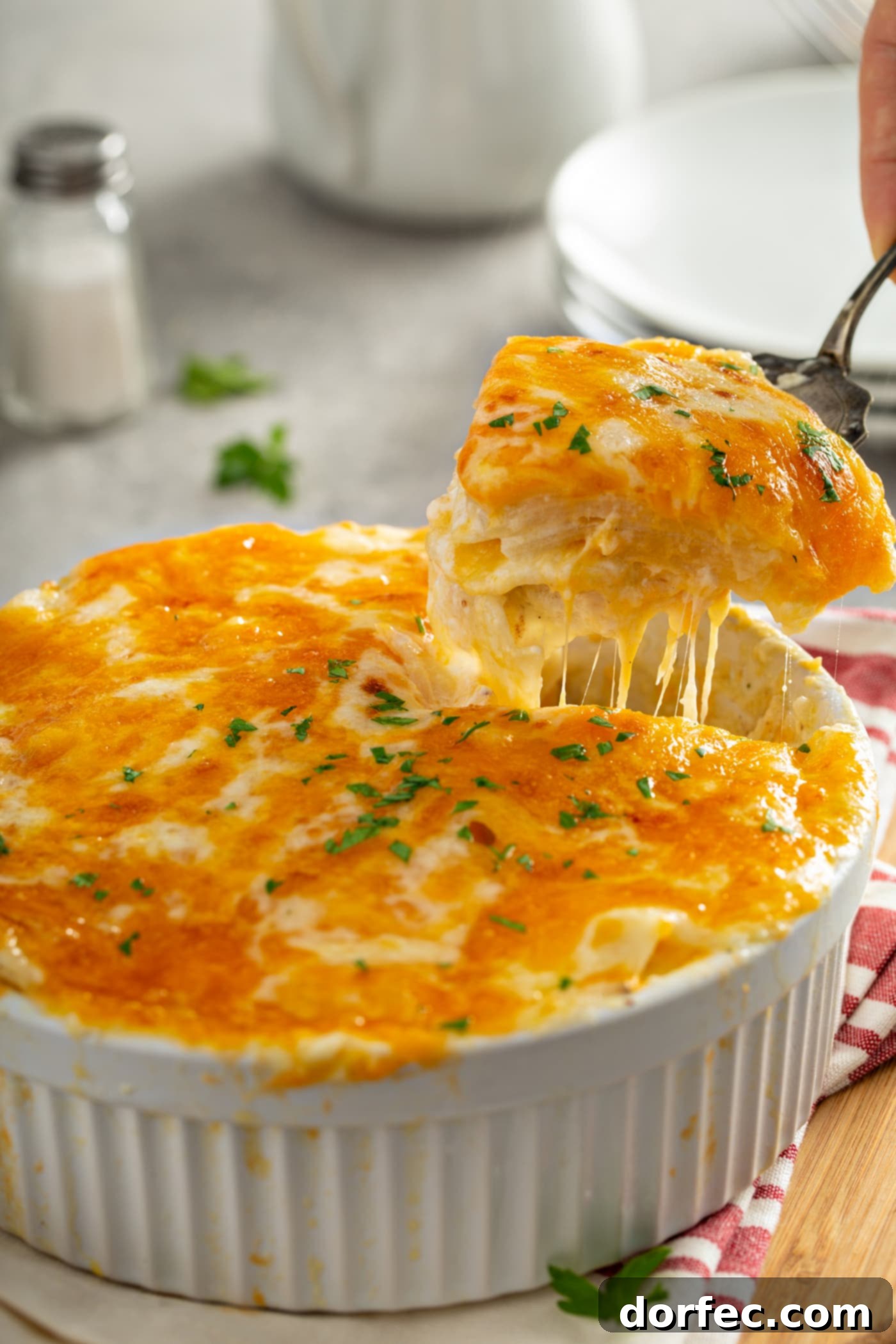 A serving of instant pot cheesy potatoes are being lifted from a white casserole dish with a serving spoon. the melted cheese is stringing out below the spoon. there is a stack of dinner plates in the background and a red and white kitchen towel beside the casserole dish.