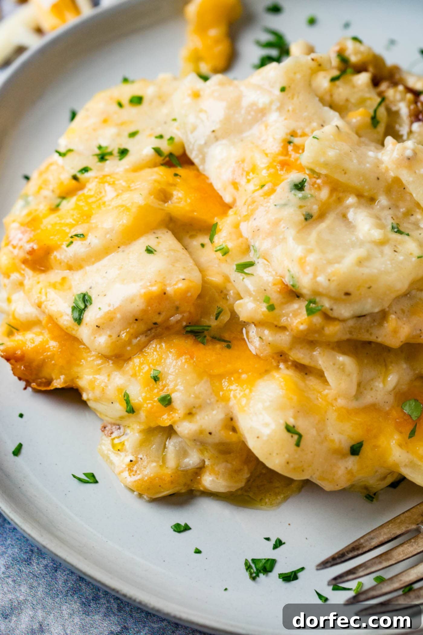 The Ultimate Cheesy Potato Casserole 2 A gray plate loaded with cheesy potatoes and a sprinkling of fresh parsley, showcasing the golden-brown crust.