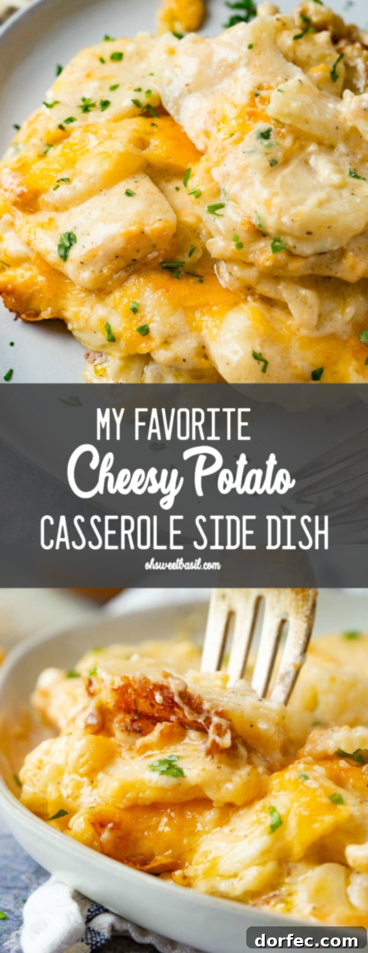 The Ultimate Cheesy Potato Casserole 10 A gray plate loaded with a beautiful serving of cheesy potato bake, garnished with a sprinkle of fresh parsley, ready to be devoured.