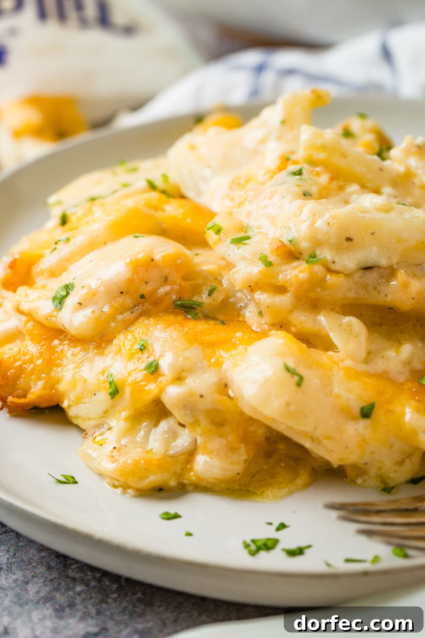 The Ultimate Cheesy Potato Casserole 9 A gray plate loaded with a generous serving of cheesy potato bake, garnished with a sprinkle of fresh parsley.