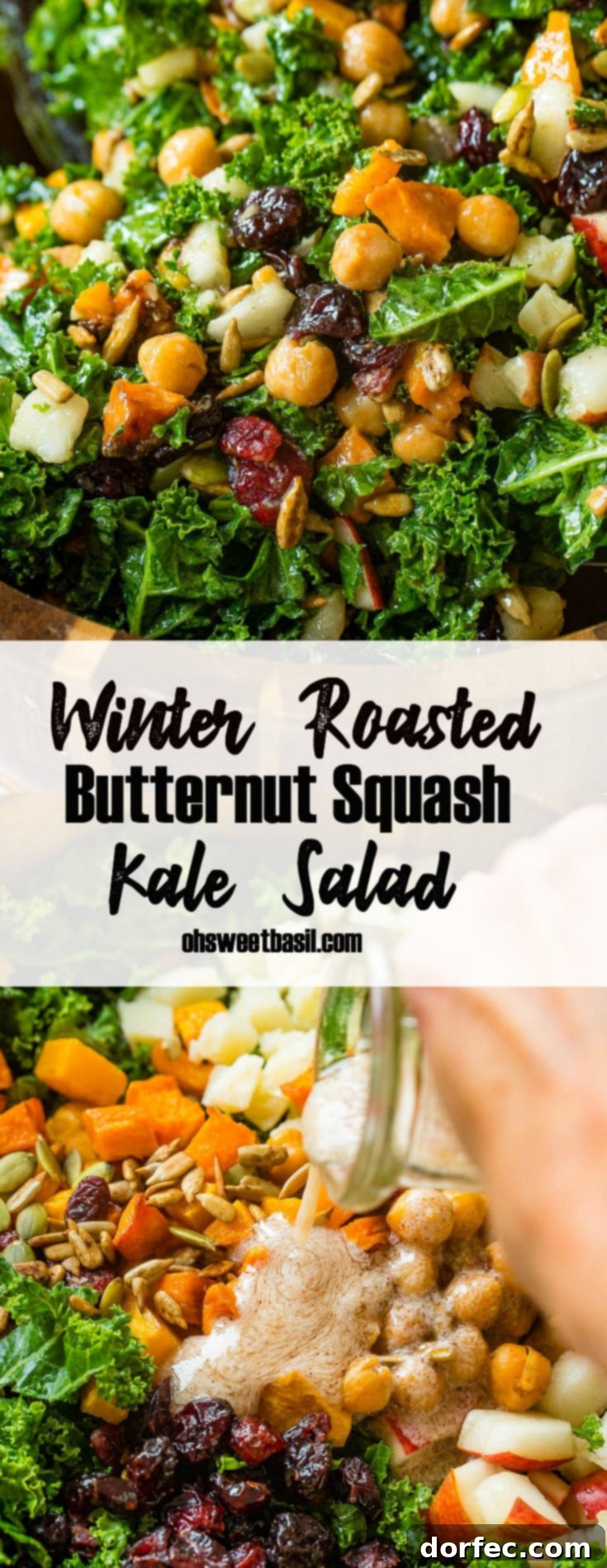 Golden Roasted Butternut & Kale Power Salad 10 A photo of a large wooden bowl full of kale salad topped with roasted butternut squash, craisins, chickpeas, pepitas, apples and gouda cheese.