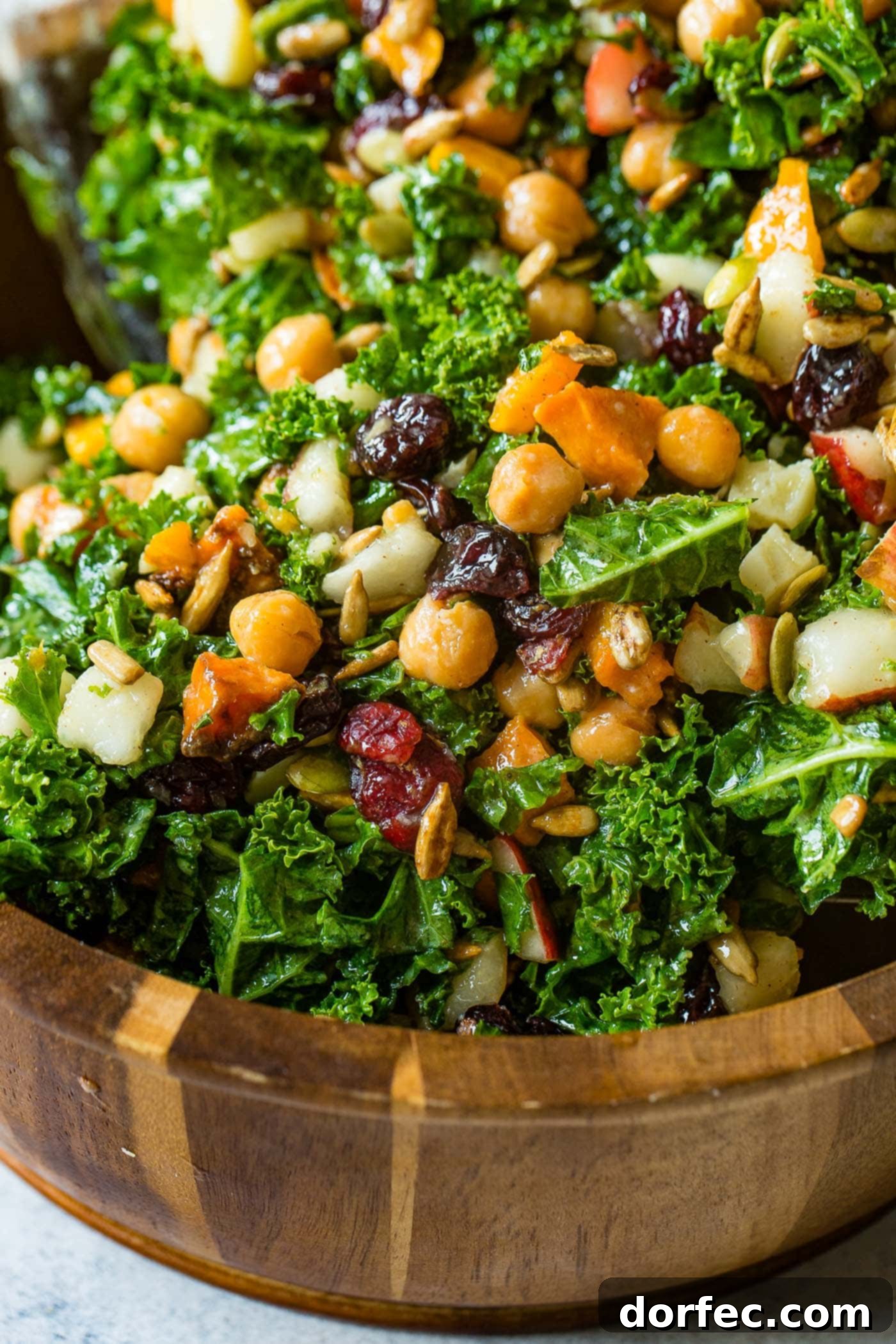 Golden Roasted Butternut & Kale Power Salad 3 A photo of a large wooden bowl full of kale salad topped with roasted butternut squash, craisins, chickpeas, pepitas, and gouda cheese.