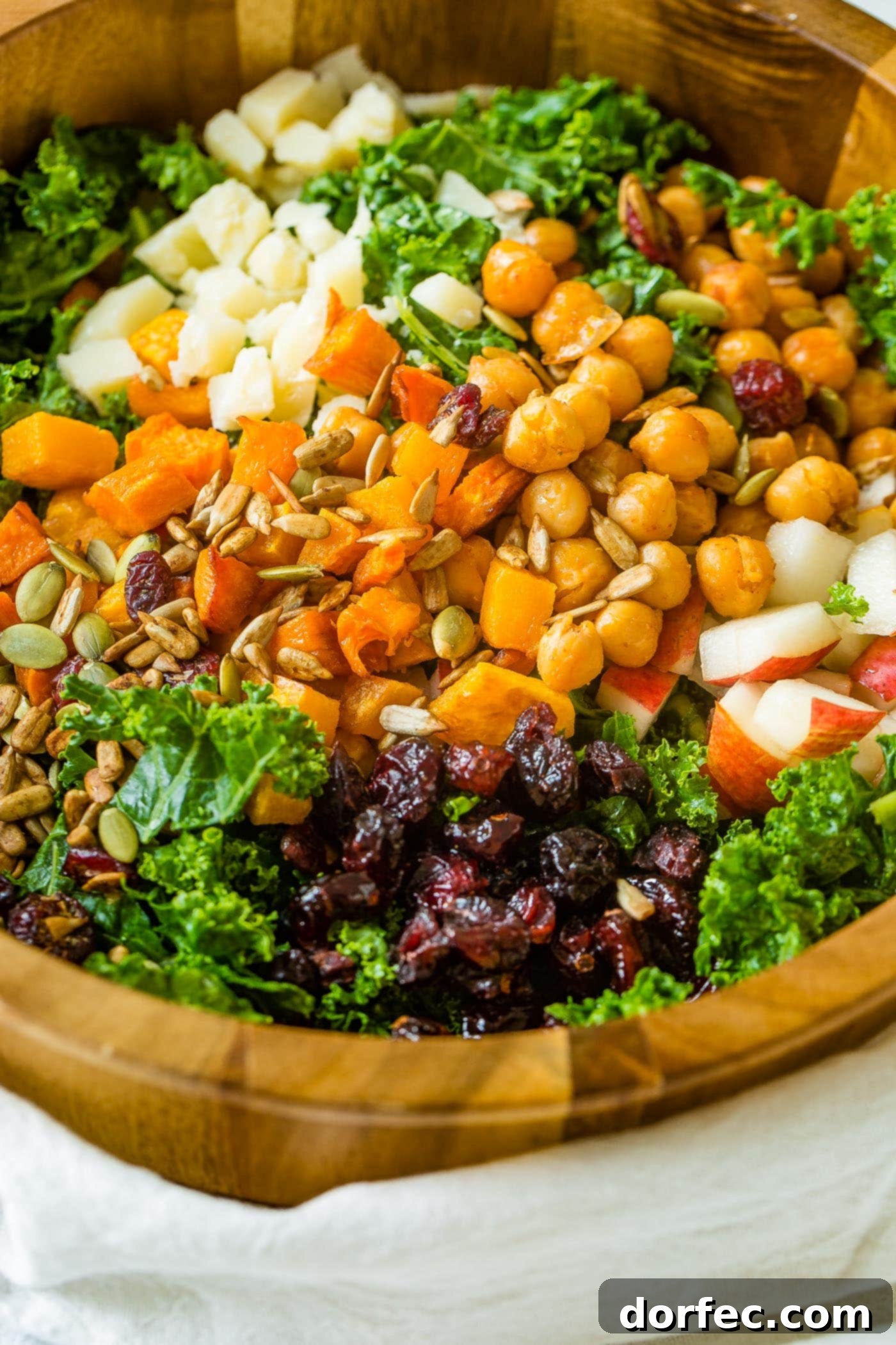 Golden Roasted Butternut & Kale Power Salad 4 A photo of a large wooden bowl full of kale salad topped with roasted butternut squash, craisins, chickpeas, pepitas, and gouda cheese.