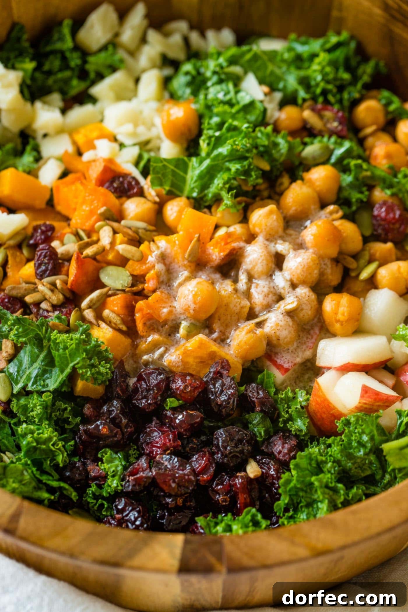 Golden Roasted Butternut & Kale Power Salad 8 A photo of a large wooden bowl full of kale salad topped with roasted butternut squash, craisins, chickpeas, pepitas, and gouda cheese with dressing that needs to be stirred in.