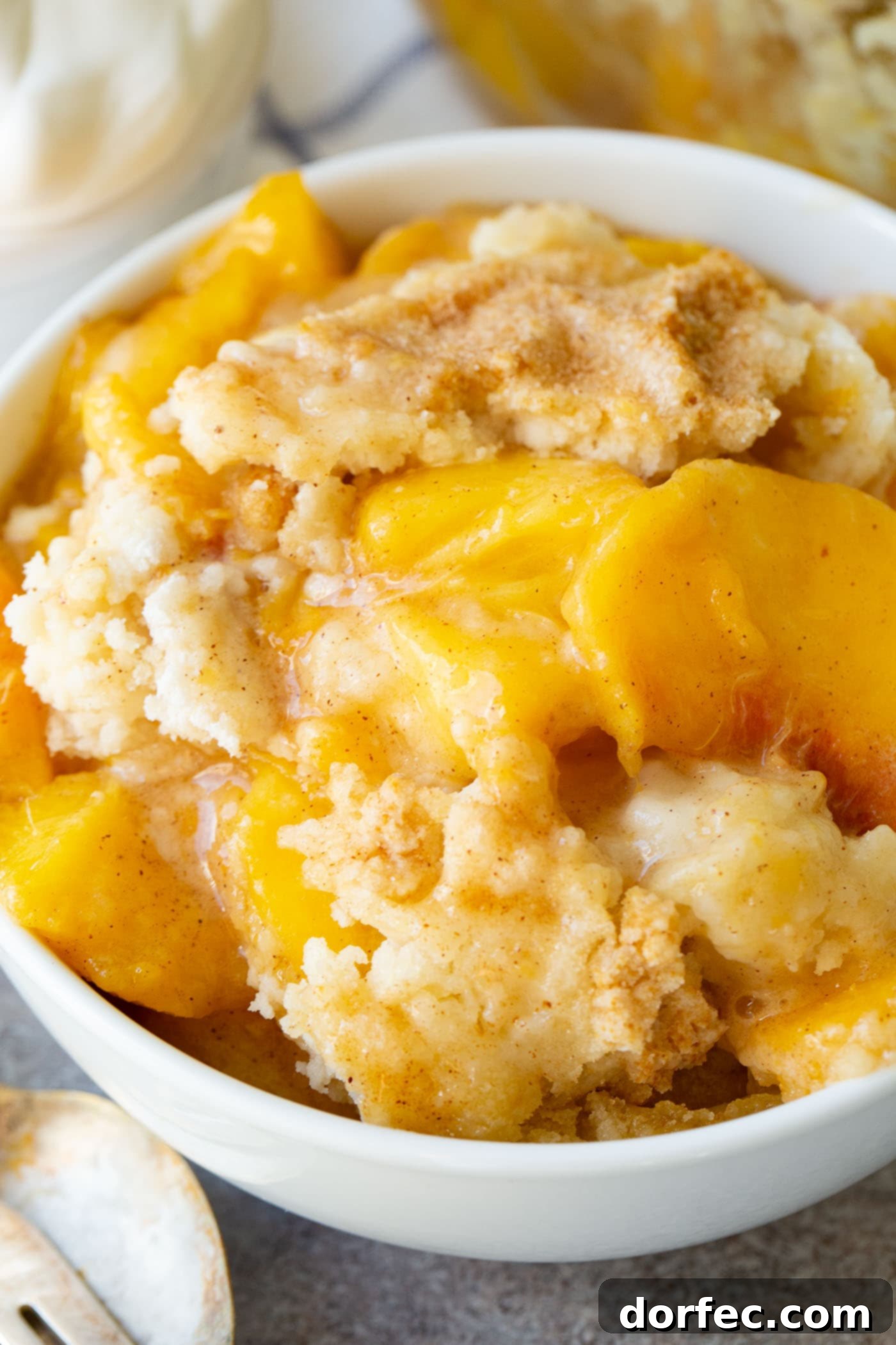 Easy Instant Pot Peach Cobbler with Cake Mix A steaming bowl of homemade Instant Pot peach cobbler topped with a scoop of vanilla ice cream, showcasing the golden cake crust and tender peach filling.