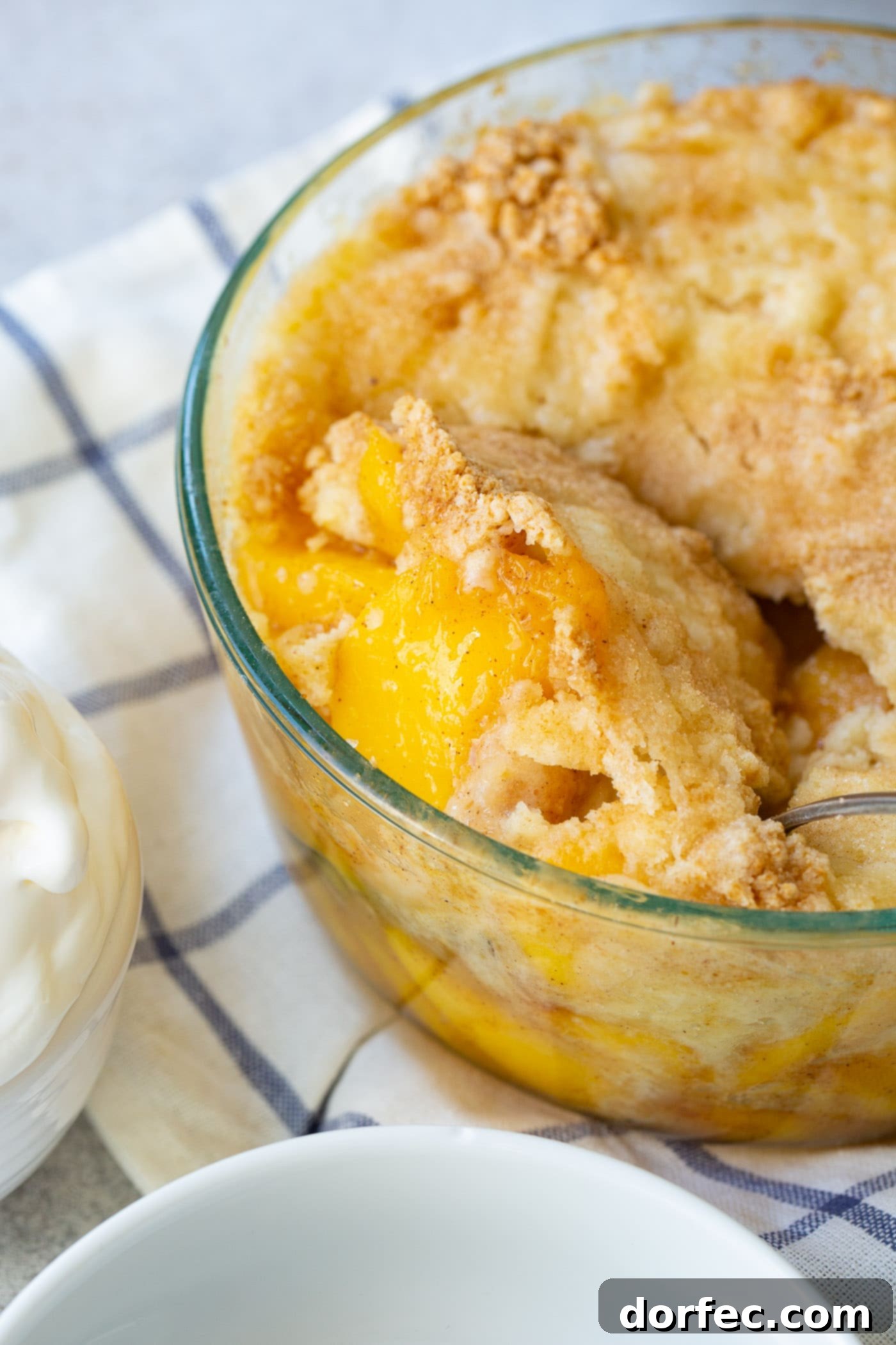 Easy Instant Pot Peach Cobbler with Cake Mix A perfectly baked Instant Pot peach cobbler in a round baking dish, ready to be served, highlighting its golden-brown cake crust.