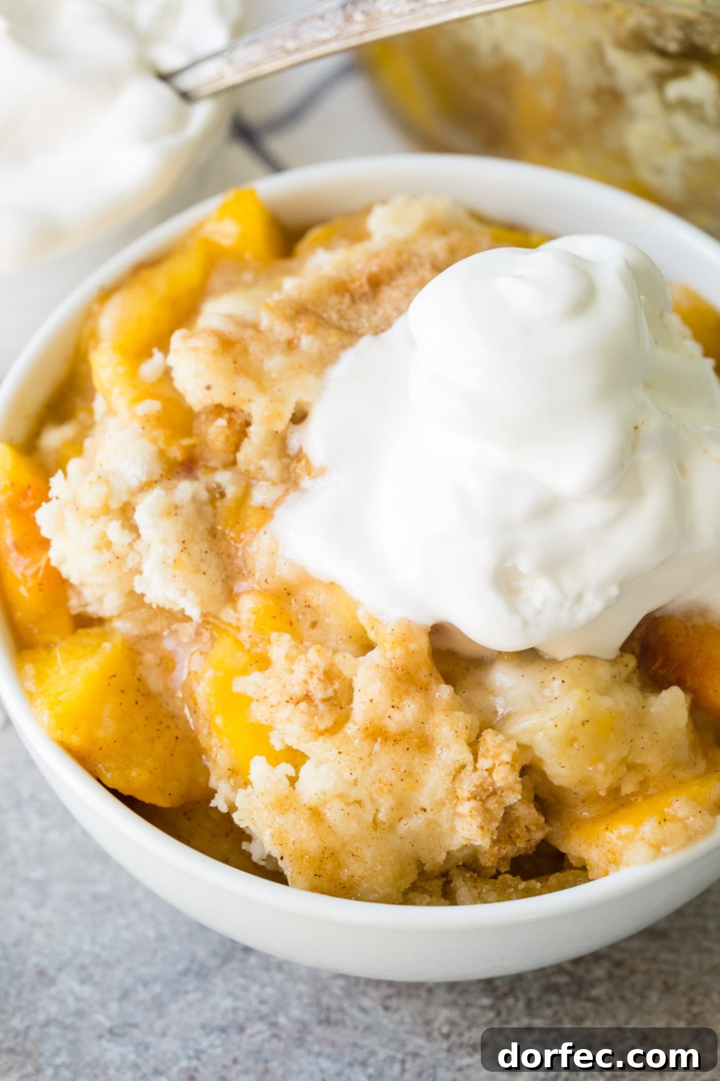 Easy Instant Pot Peach Cobbler with Cake Mix A side view of a bowl of Instant Pot peach cobbler, showing the layered texture of the cake topping and the rich peach filling underneath.