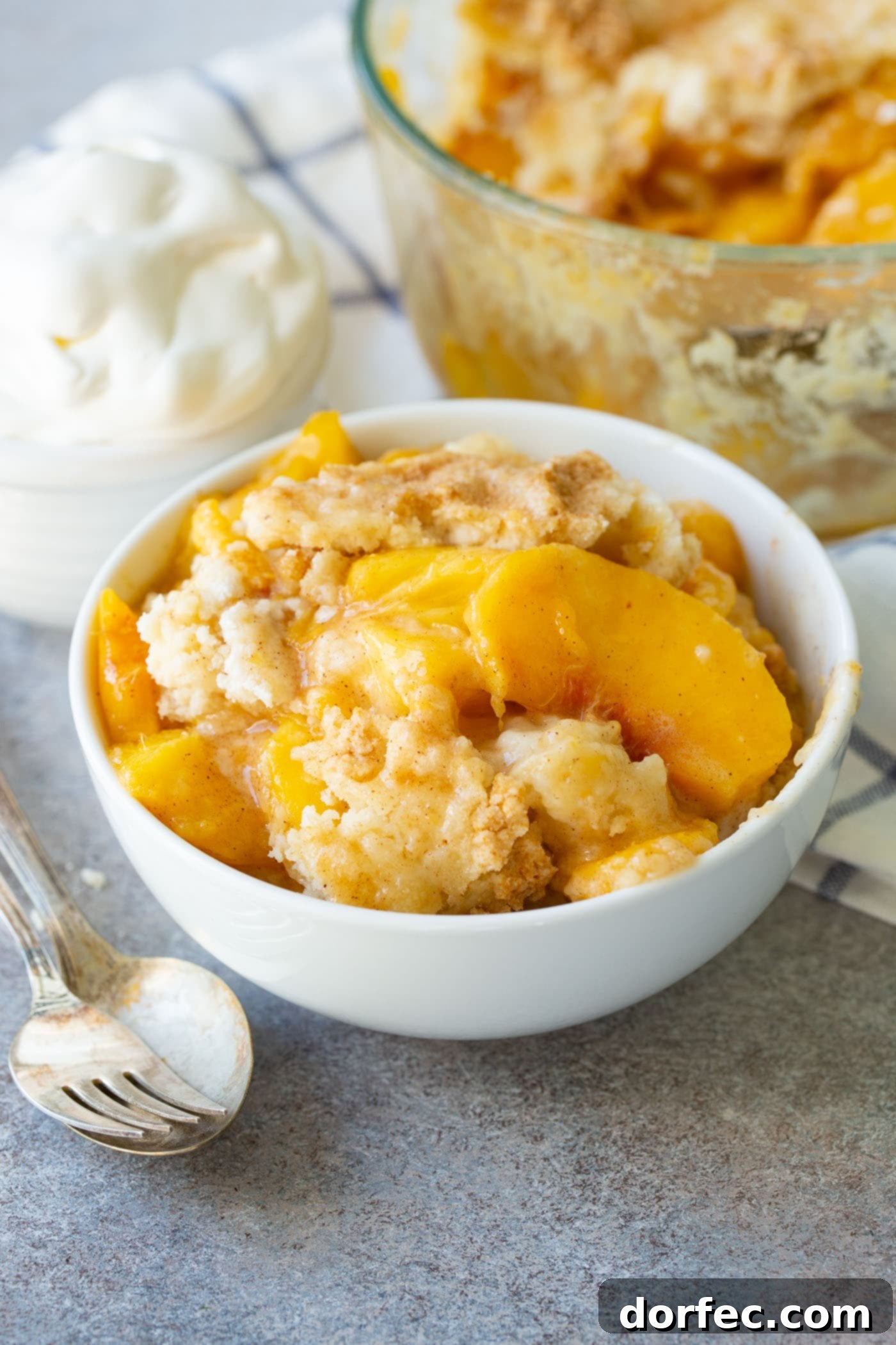 Easy Instant Pot Peach Cobbler with Cake Mix A rustic wooden spoon resting in a bowl of Instant Pot peach cobbler, highlighting the deep, rich colors of the fruit and crust.