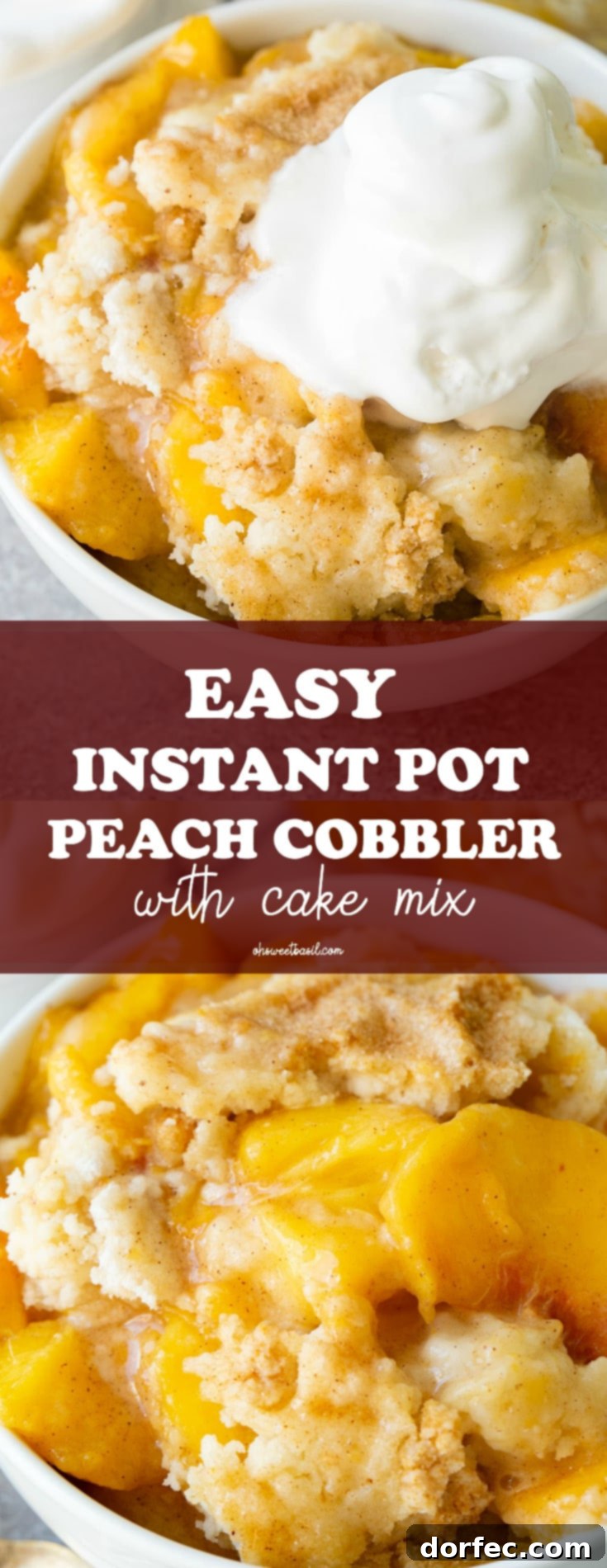 Effortless Instant Pot Peach Cobbler with Cake Mix 3 A large bowl of Instant Pot peach cobbler with cake mix topping, generously served with scoops of vanilla ice cream melting over the warm dessert.
