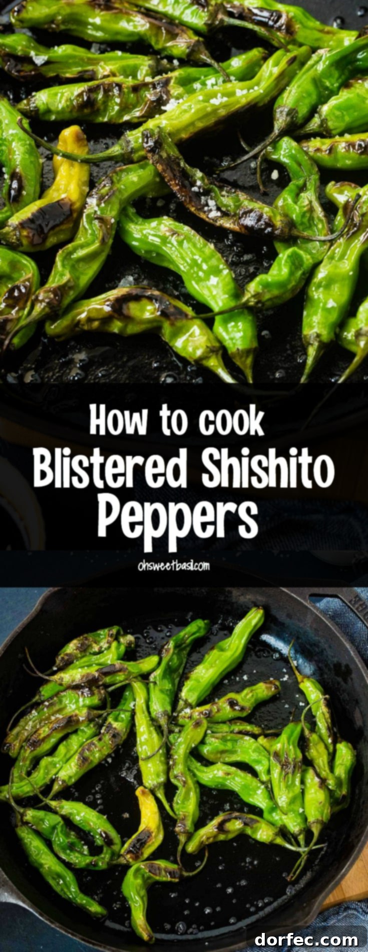 a black cast iron pan with bright green blistered shishito peppers and flaked sea salt