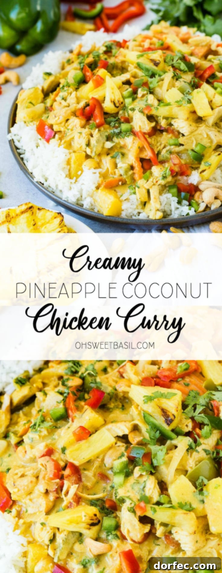 A vibrant plate of creamy pineapple coconut chicken curry, artfully arranged over fluffy jasmine rice. The dish is rich with colorful vegetables, tender chicken, and a sprinkle of salty cashews, beautifully complemented by grilled pineapple slices.
