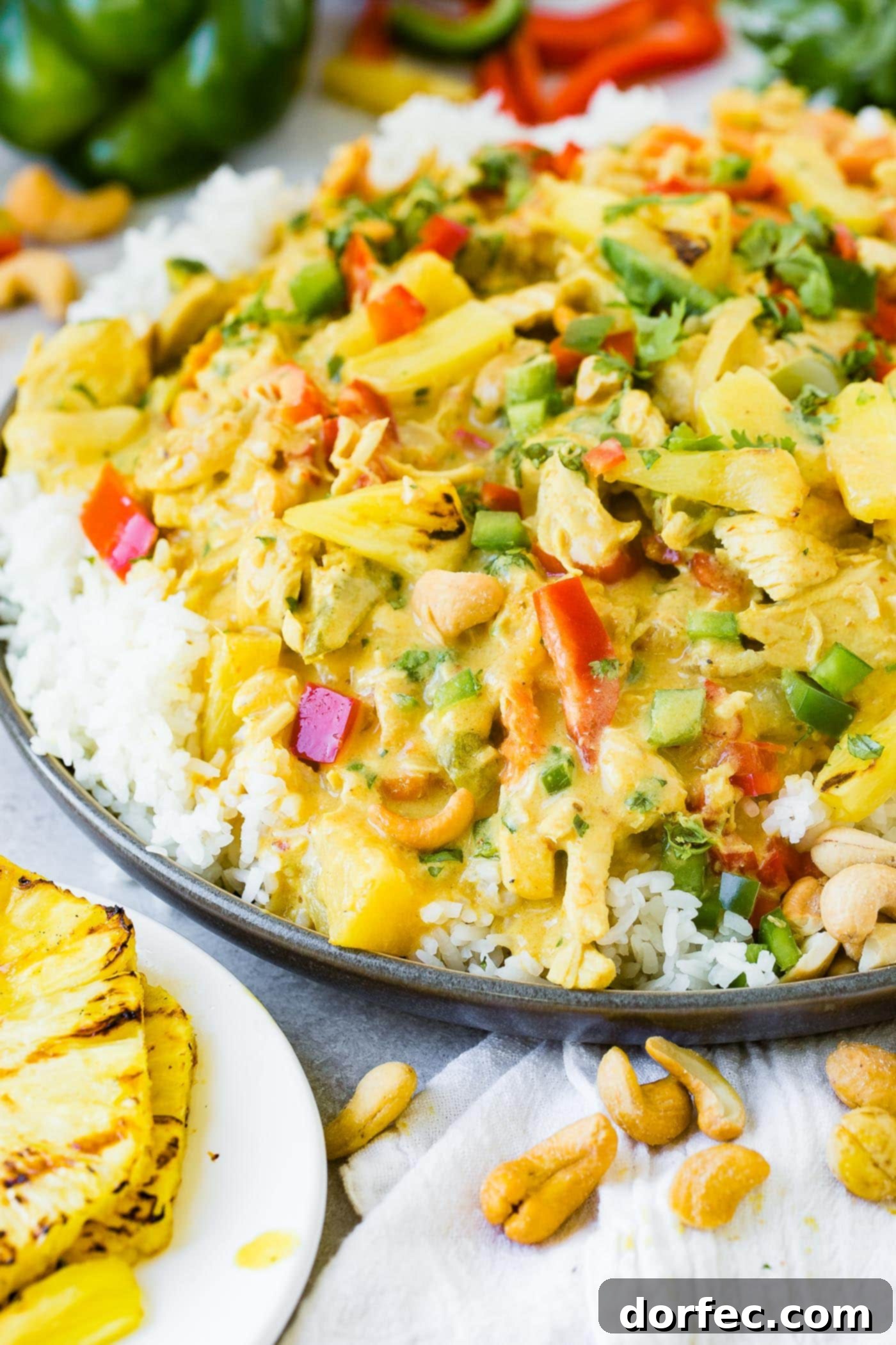 A serving of creamy pineapple coconut chicken curry, rich with colorful vegetables and crunchy cashews, piled high on a plate with fluffy jasmine white rice. A grilled pineapple slice adds a touch of gourmet tropical appeal to this crowd-pleasing dish.