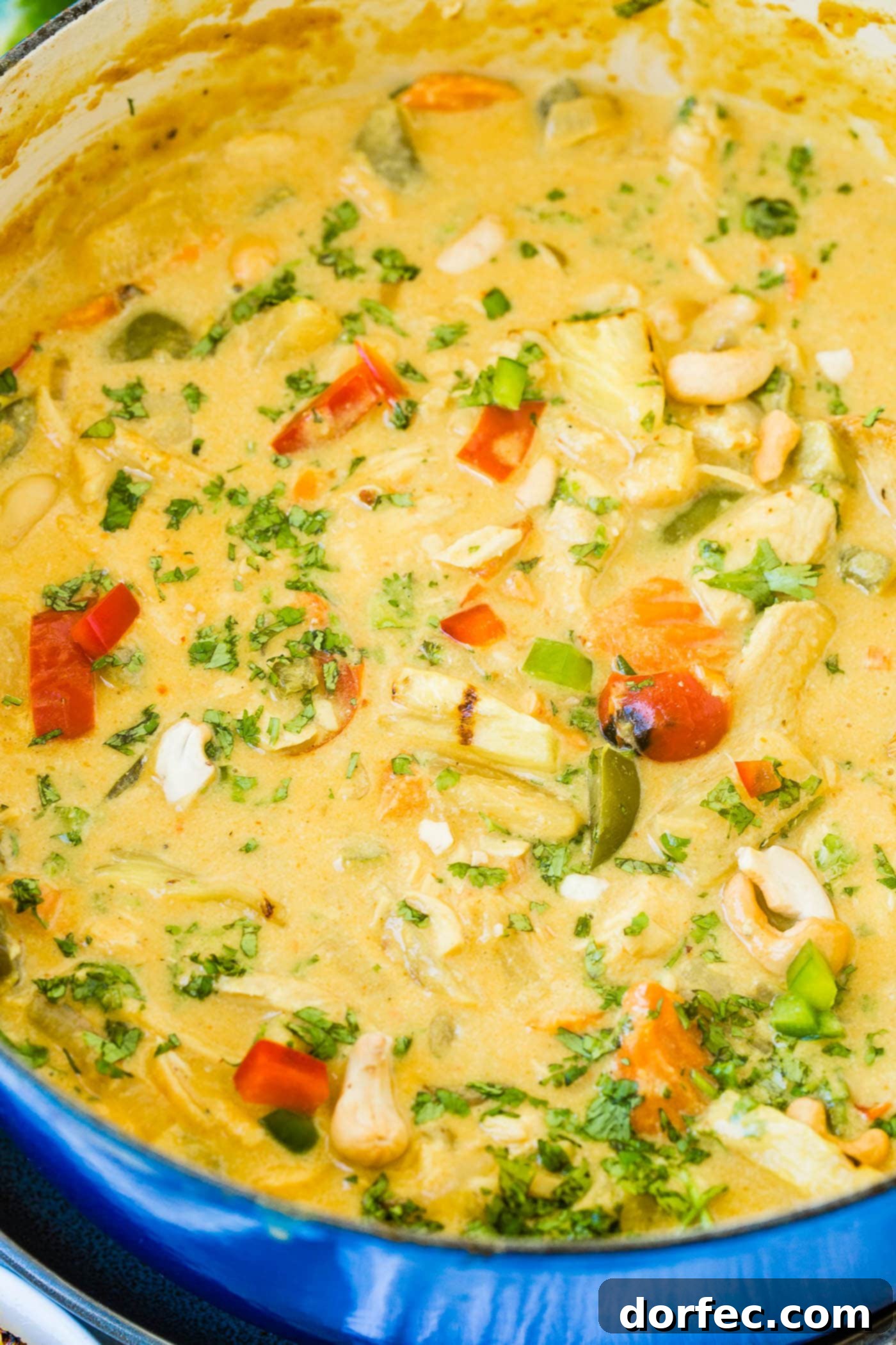 A comforting view inside a Dutch oven, brimming with a creamy pineapple coconut chicken curry. The golden sauce is studded with tender chicken pieces, vibrant red and green bell peppers, soft onions, and sweet carrots, all ready to be scooped over rice. A garnish of salty cashews adds a delightful crunch.