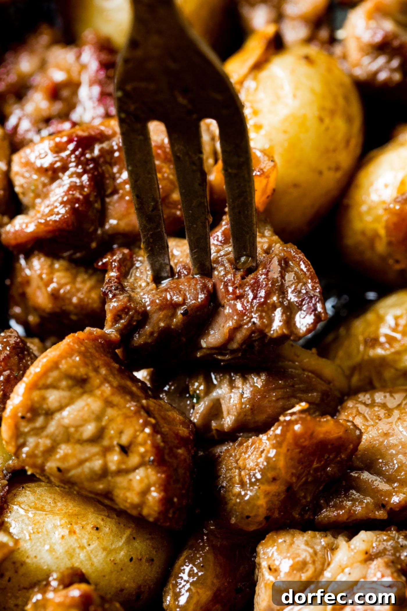 A close up photo of a fork in a piece of steak in a dish full of smoky steak and potatoes, showing the tender interior of the steak.