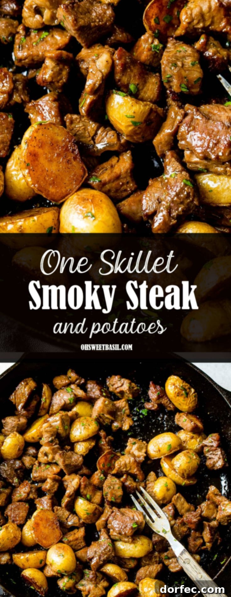 A final photo of a cast iron skillet full of golden halved potatoes and beautifully seared steak, ready for a delicious dinner.