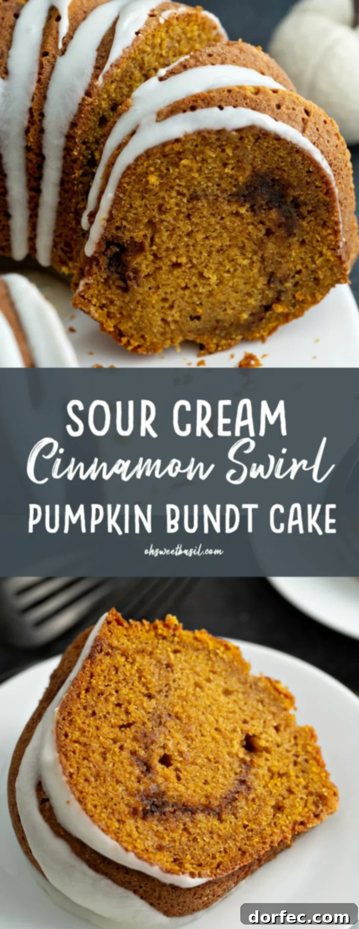 Pumpkin Bundt with Creamy Cinnamon Swirl 4 A slice of sour cream cinnamon swirl pumpkin bundt cake on a dessert plate with a fork on the plate next to the cake. The cake has a drizzle of white glaze on top. another slice of cake on a dessert plate, and the rest of the bundt cake on a cake platter are in the background.