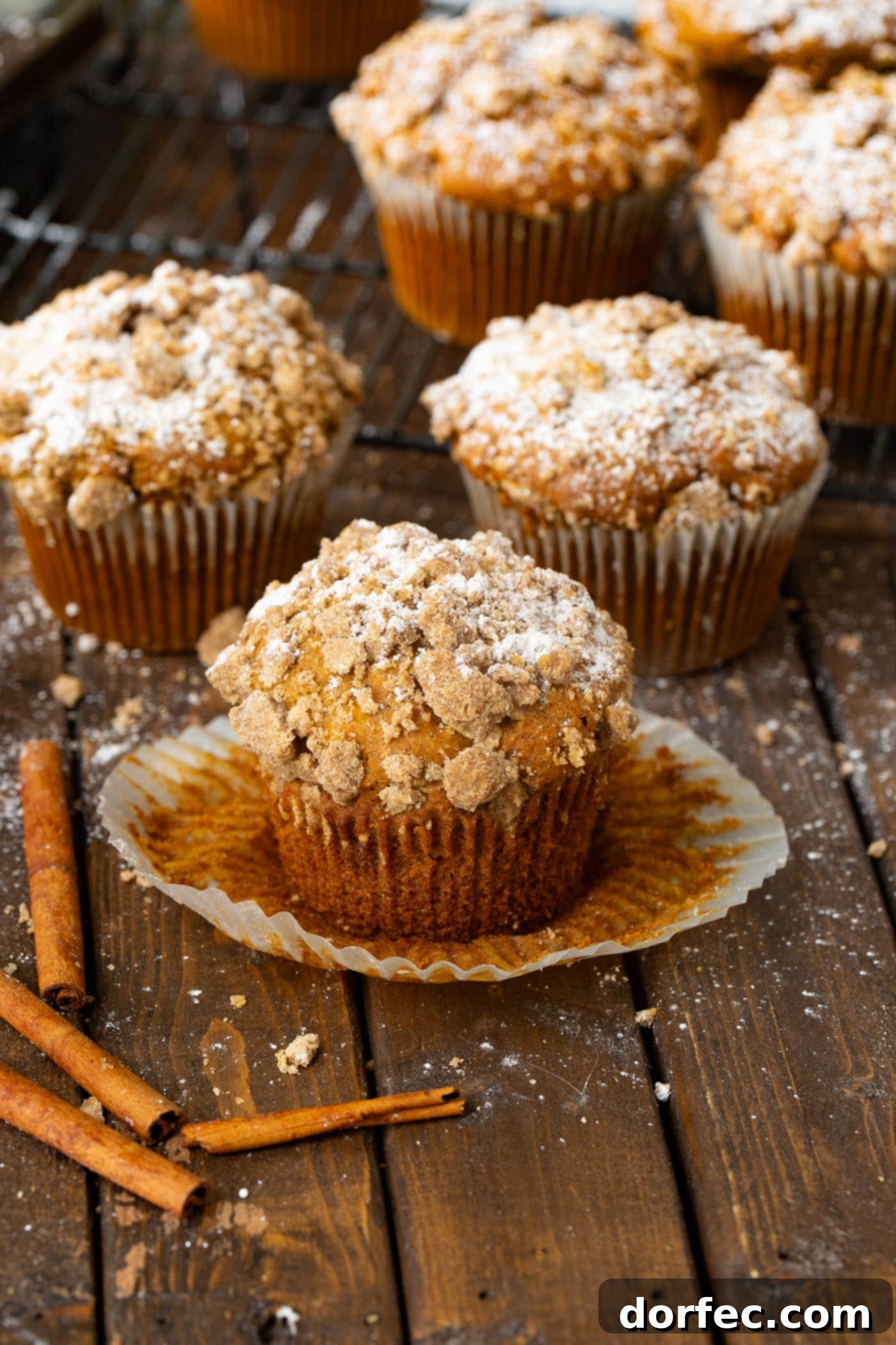 A perfectly spiced jumbo pumpkin streusel muffin, artfully garnished with a dusting of powdered sugar, ready to be enjoyed.