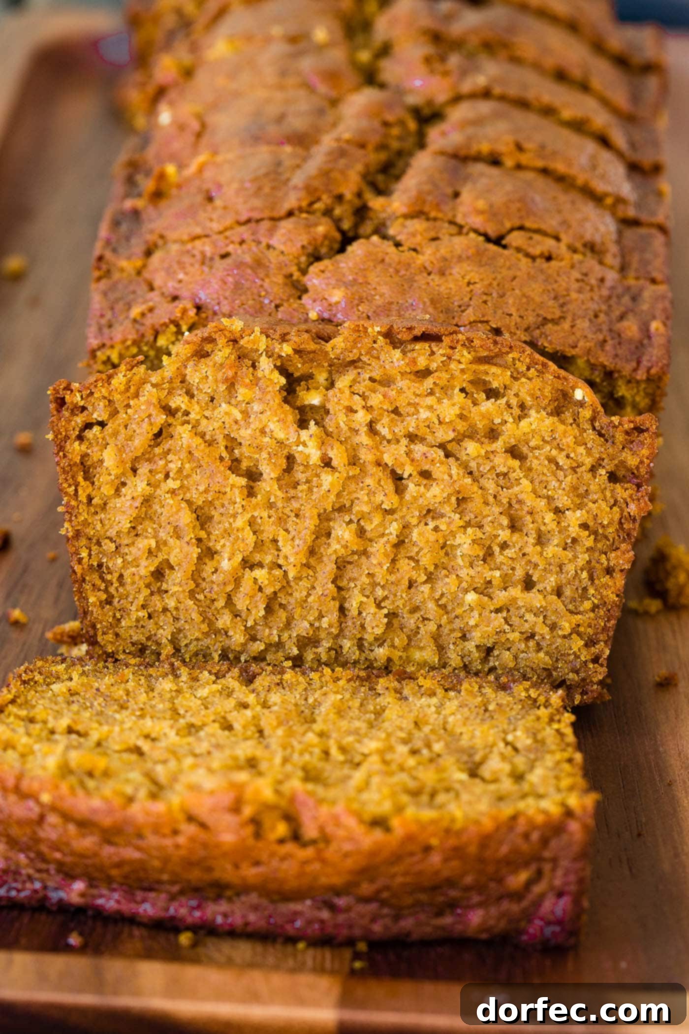 Best Pumpkin Bread Recipe A beautifully sliced loaf of moist pumpkin bread on a rustic wooden platter, ready to be enjoyed.