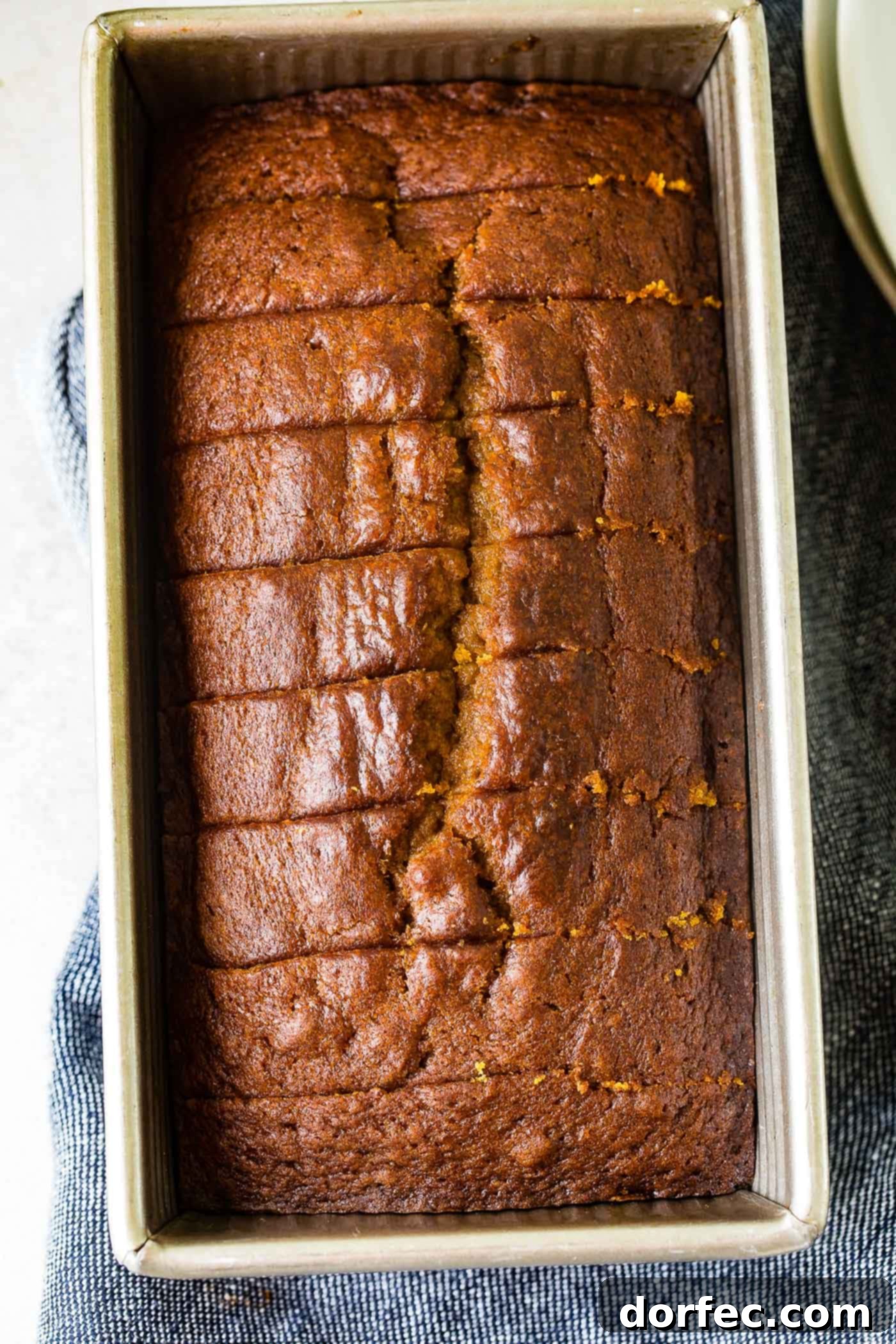 Homemade Pumpkin Bread A freshly baked loaf of pumpkin bread, still in its baking pan, promises warmth and comfort.