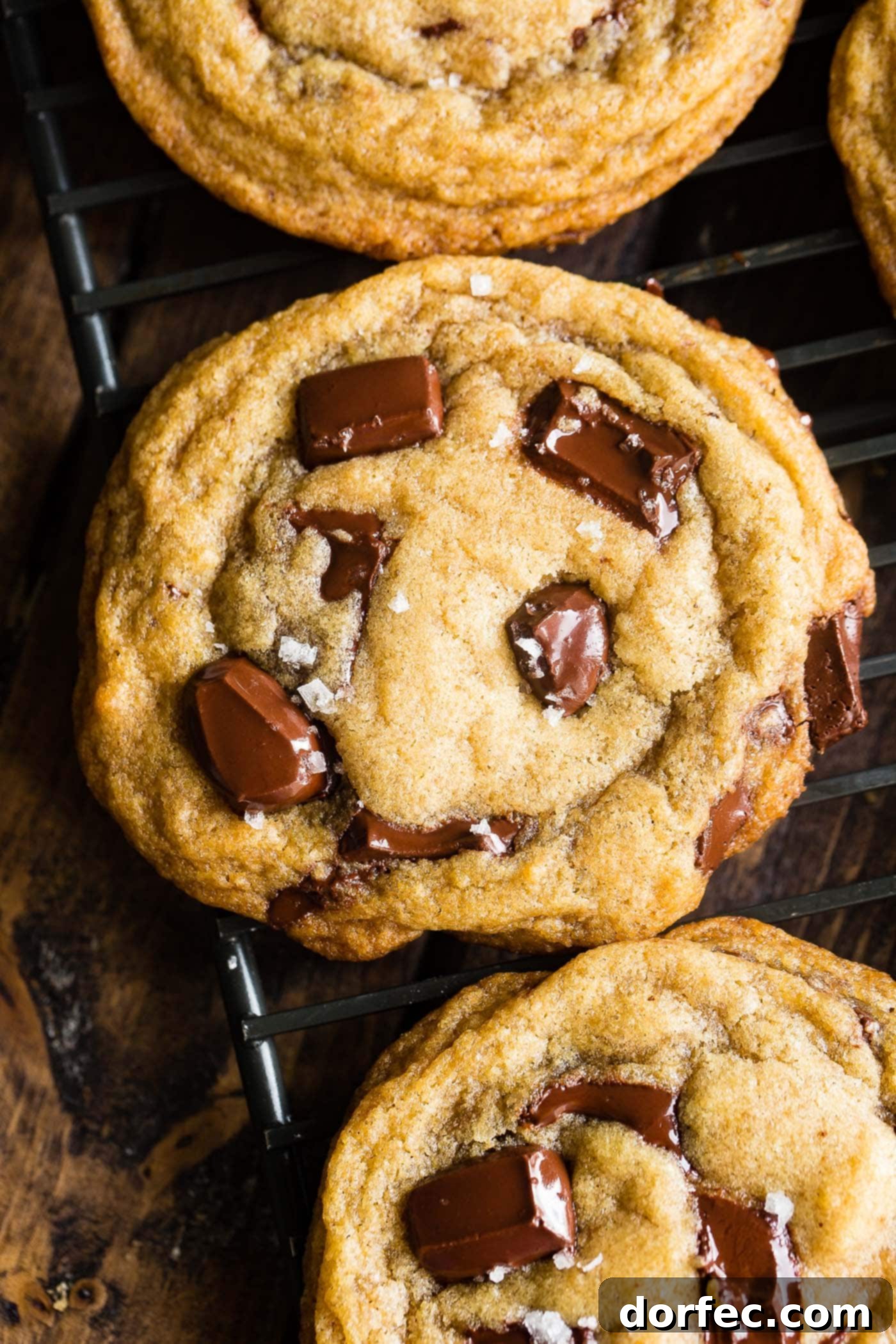 Ultimate Chocolate Chip Cookies 5 A close-up shot of a golden-brown chocolate chip cookie with prominent melted chocolate pools, indicating the use of melted butter