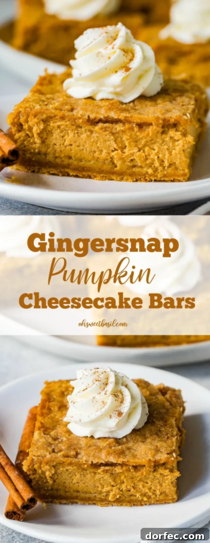 Ginger Snap Crusted Pumpkin Cheesecake Bars 7 A white plate with two cinnamon sticks next to a slice of gingersnap pumpkin cheesecake bars, topped with piped whipped cream.