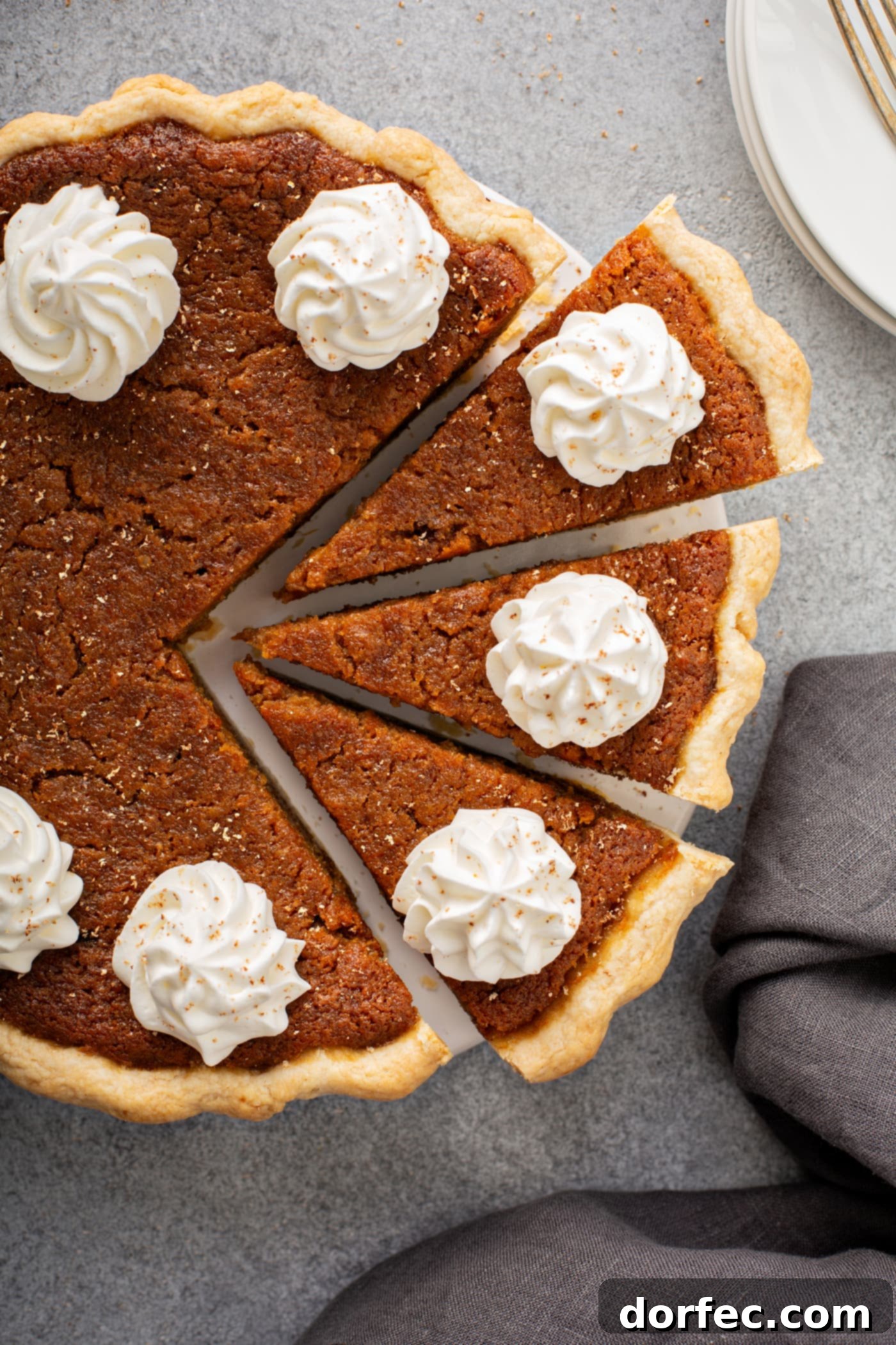 Southern Charm Sweet Potato Pie 12 A photo of a whole sweet potato pie with dollops of whipped cream on top and three slices pulled out from the whole pie.