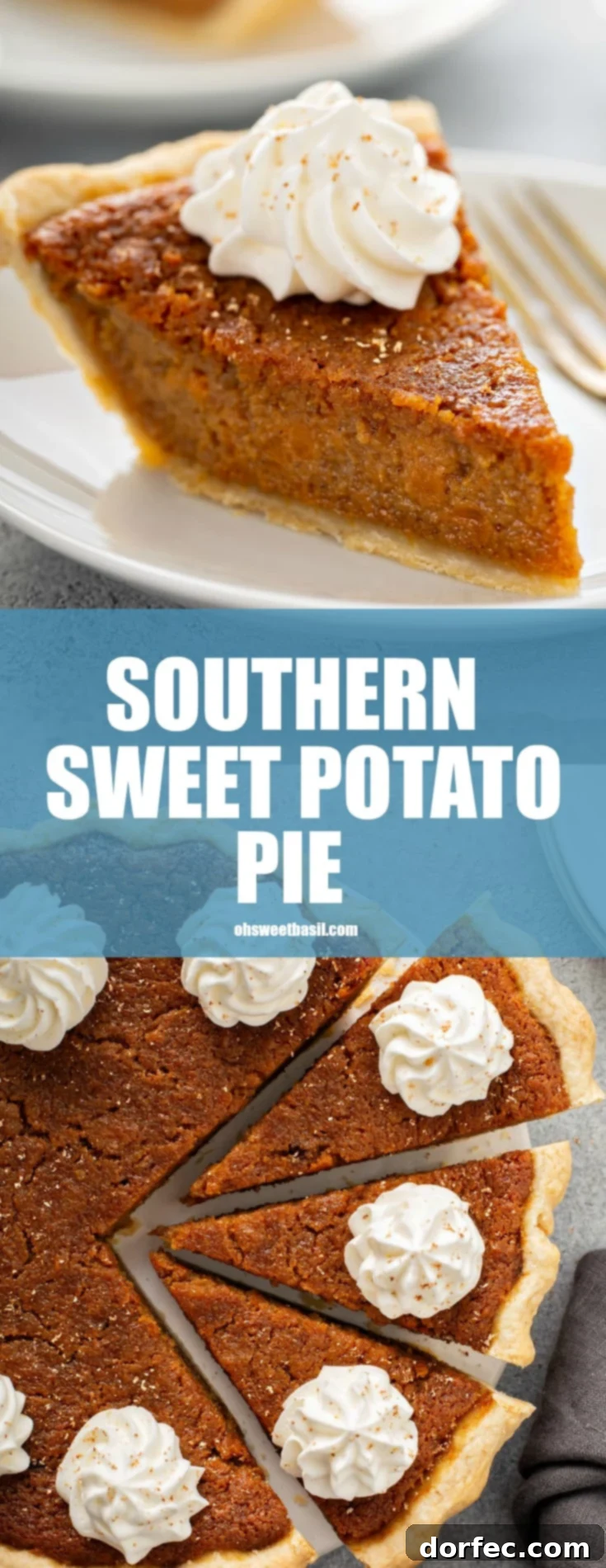 Southern Charm Sweet Potato Pie 15 A photo of a slice of sweet potato pie with a dollop of whipped cream on top sitting on a white plate.