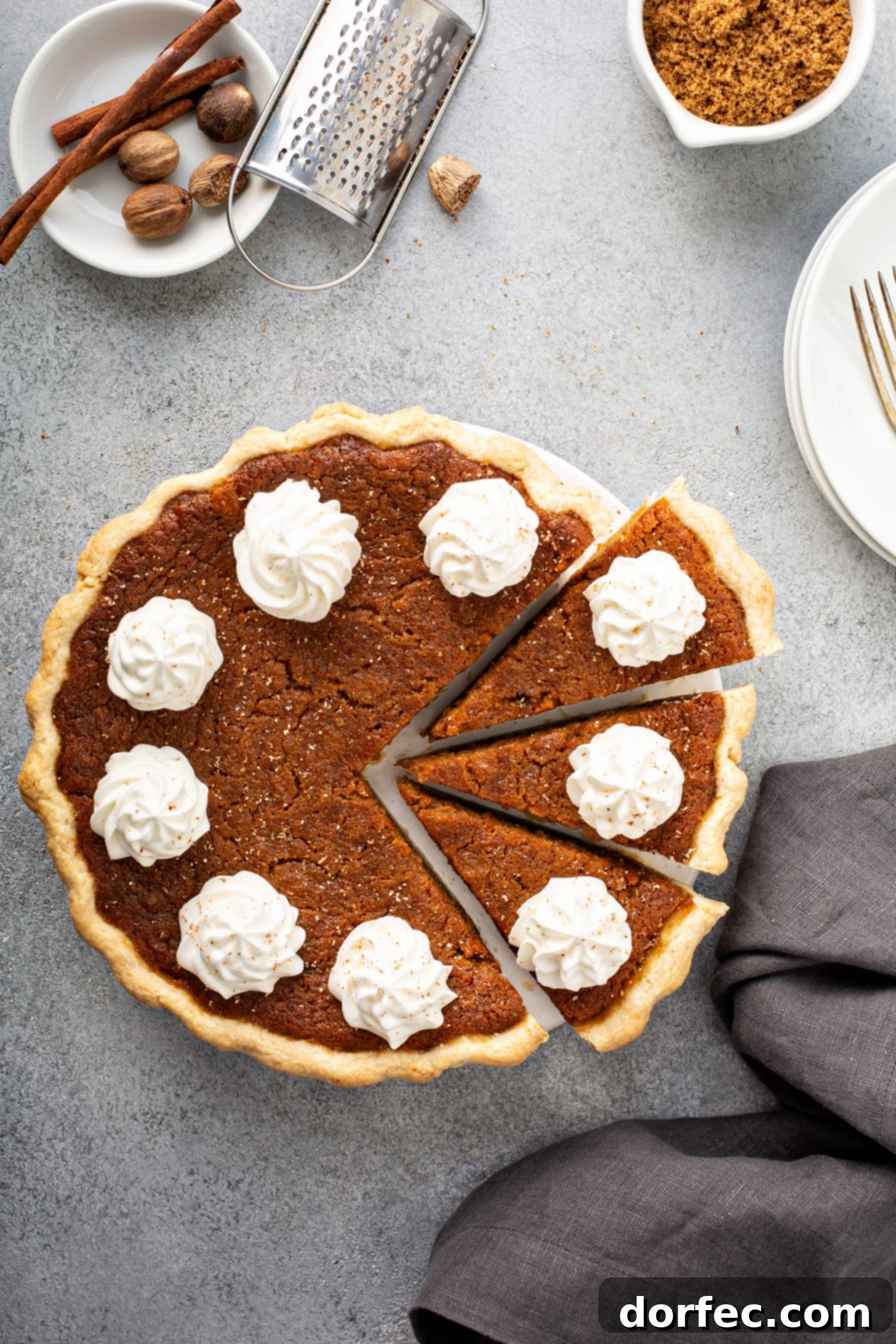 Southern Charm Sweet Potato Pie 6 A photo of a baked sweet potato pie covered in dollops of whipped cream with three slices pulled out.