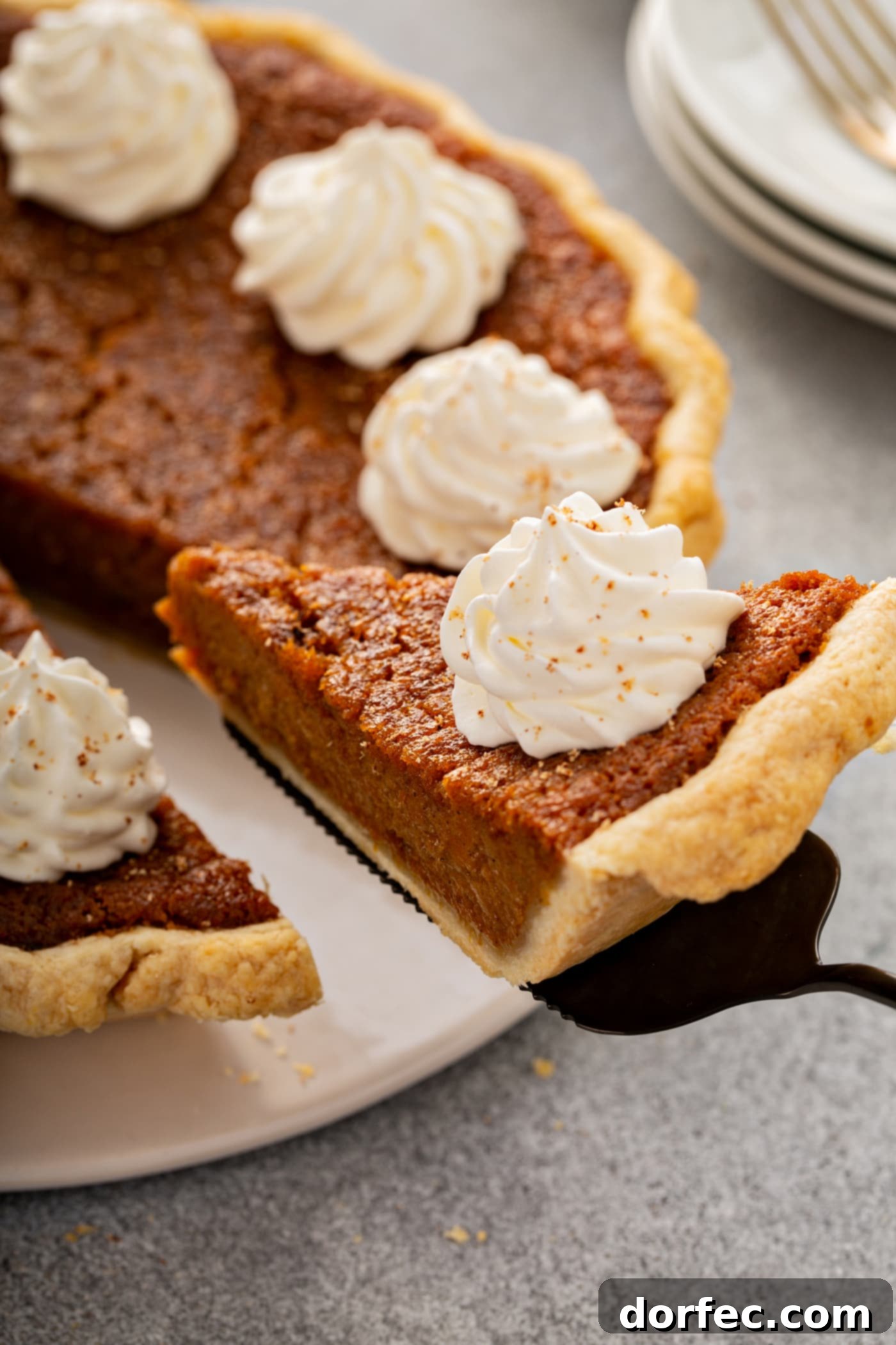 Southern Charm Sweet Potato Pie 7 A photo of a slice of sweet potato pie being removed from a whole pie.