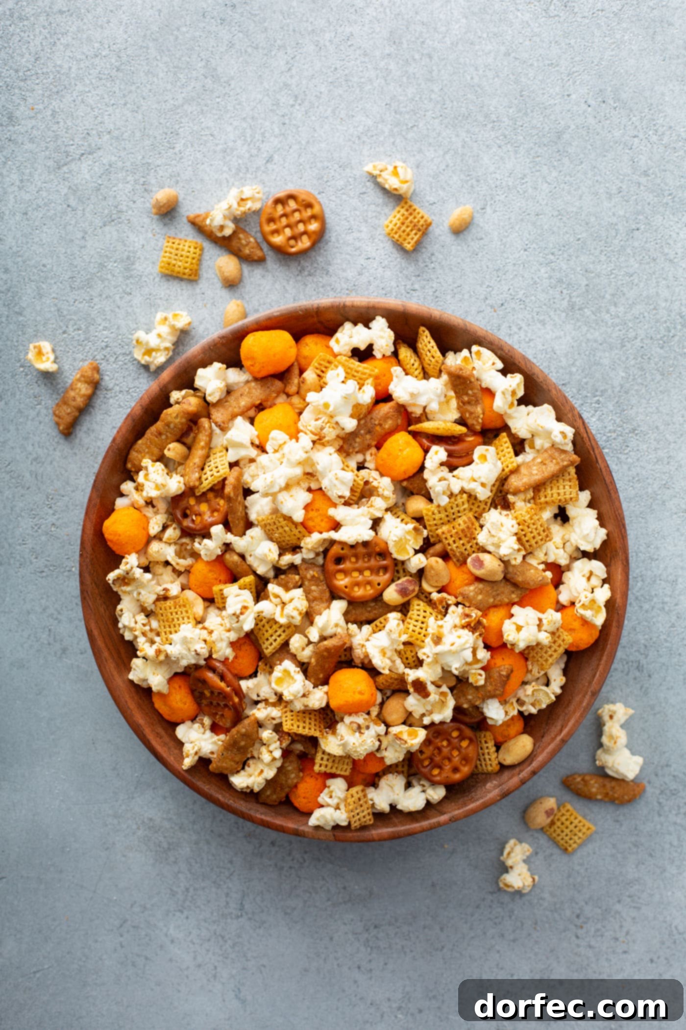 A large bowl brimming with March Madness snack mix, featuring popcorn, salted peanuts, crispy cheese balls, crunchy pretzels, Chex cereal, and savory sesame sticks.