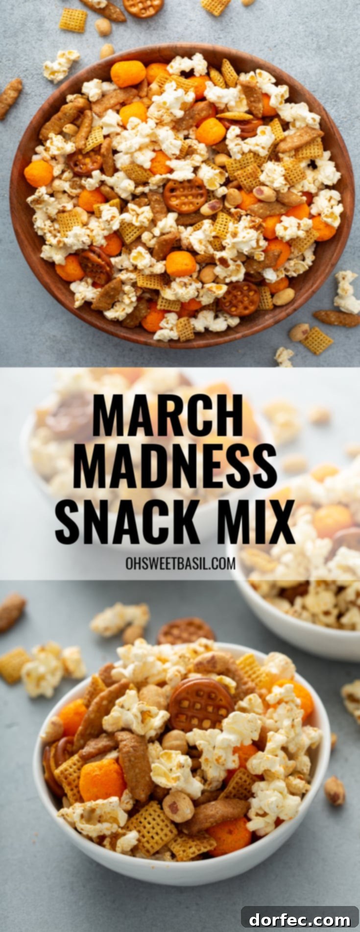 A large, vibrant bowl filled with March Madness snack mix, showcasing a medley of popcorn, salted peanuts, crispy cheese balls, crunchy pretzels, Chex cereal, and savory sesame sticks. Other bowls of the mix are visible in the soft-focus background, suggesting a party setting.