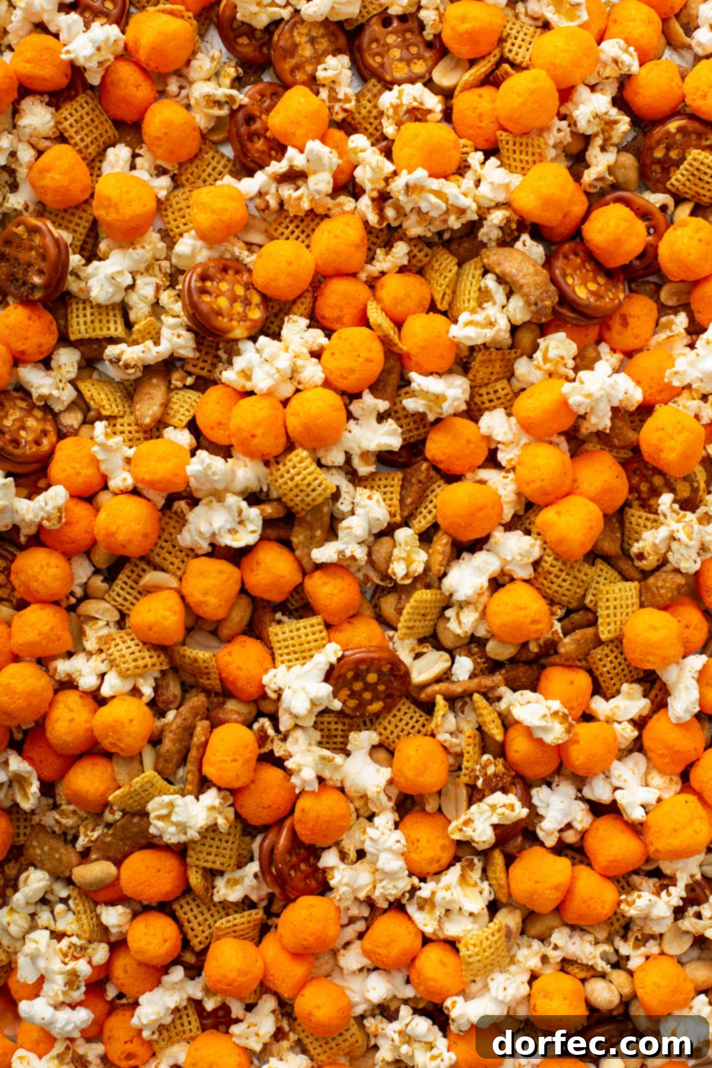 A close-up shot of the March Madness snack mix, showcasing a vibrant blend of cheese balls, pretzels, sesame sticks, Chex cereal, and popcorn, all coated in a rich butter and spice seasoning.