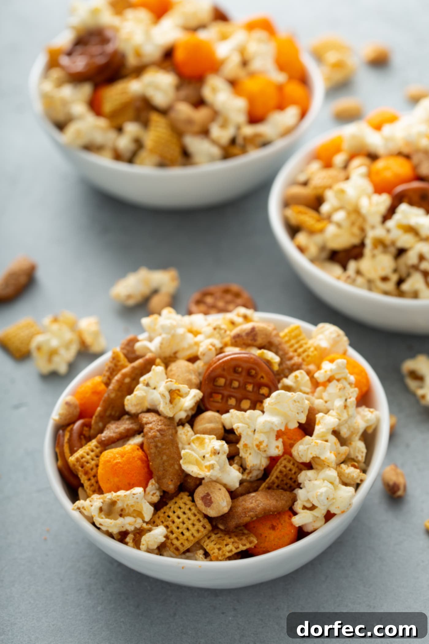 Three individual bowls showcasing the March Madness snack mix, each containing a delicious assortment of popcorn, peanuts, Chex cereal, pretzels, and sesame sticks, perfectly portioned for sharing.